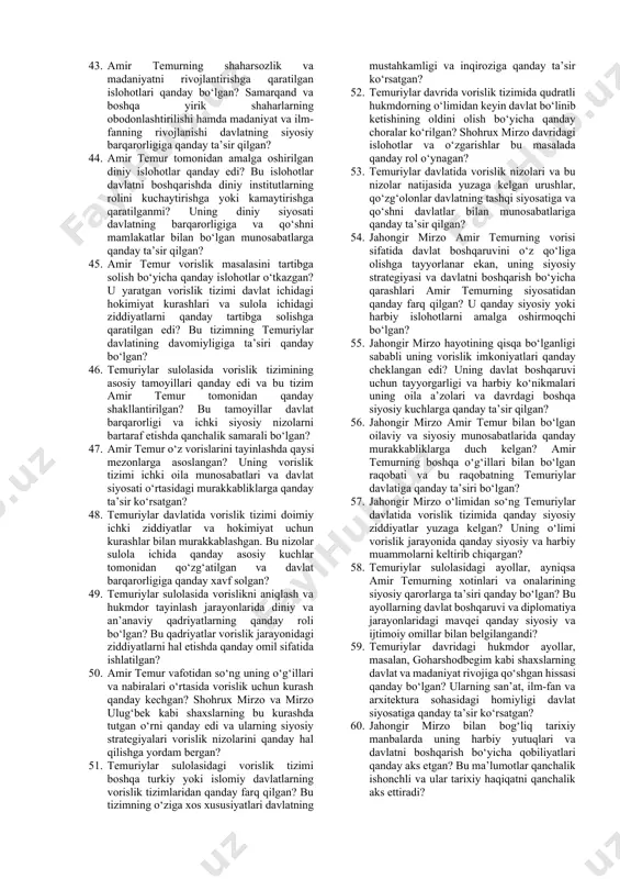 arakatlar va janglardan ko‘ra, diplomatiya va siyosiy ittifoqlarni afzal ko‘rgan hukmdor sifatida tanilgan. uning diplomatik siyosati davlatning hududiy yaxlitligi va barqarorligiga qanday ta’sir ko‘rsatgan? 25. shohrux mirzo hukmronligi davrida ilm-fan va madaniyat qanday yuksalgan? bu davrda amalga oshirilgan ilmiy ishlar va madaniy rivojlanish davlatning siyosiy kuchi va nufuzi bilan qanday bog‘liq bo‘lgan? 26. shohrux mirzo davrida vorislik masalasi qanday hal qilingan va uning o‘limidan keyin temuriylar davlatida yuzaga kelgan hokimiyat uchun kurashning asosiy sabablari nimalardan iborat edi? 27. shohrux mirzo hukmronligi davridagi ichki nizolar va mintaqaviy qo‘zg‘olonlarning siyosiy va iqtisodiy omillari qanday bo‘lgan? u bu tahdidlarni qanday bartaraf etgan va bu davlat barqarorligiga qanday ta’sir qilgan? 28. shohrux mirzo hukmronligi davrida temuriylar sulolasi oltin o‘rda, eron va boshqa qo‘shni davlatlar bilan qanday munosabatlarda bo‘lgan? bu davlatlar bilan olib borilgan siyosiy va harbiy munosabatlar temuriylar davlatining kuchini qanday ta’sir qilgan? 29. umarshayx mirzo hukmronligi davrida amalga oshirilgan siyosiy va iqtisodiy islohotlar …