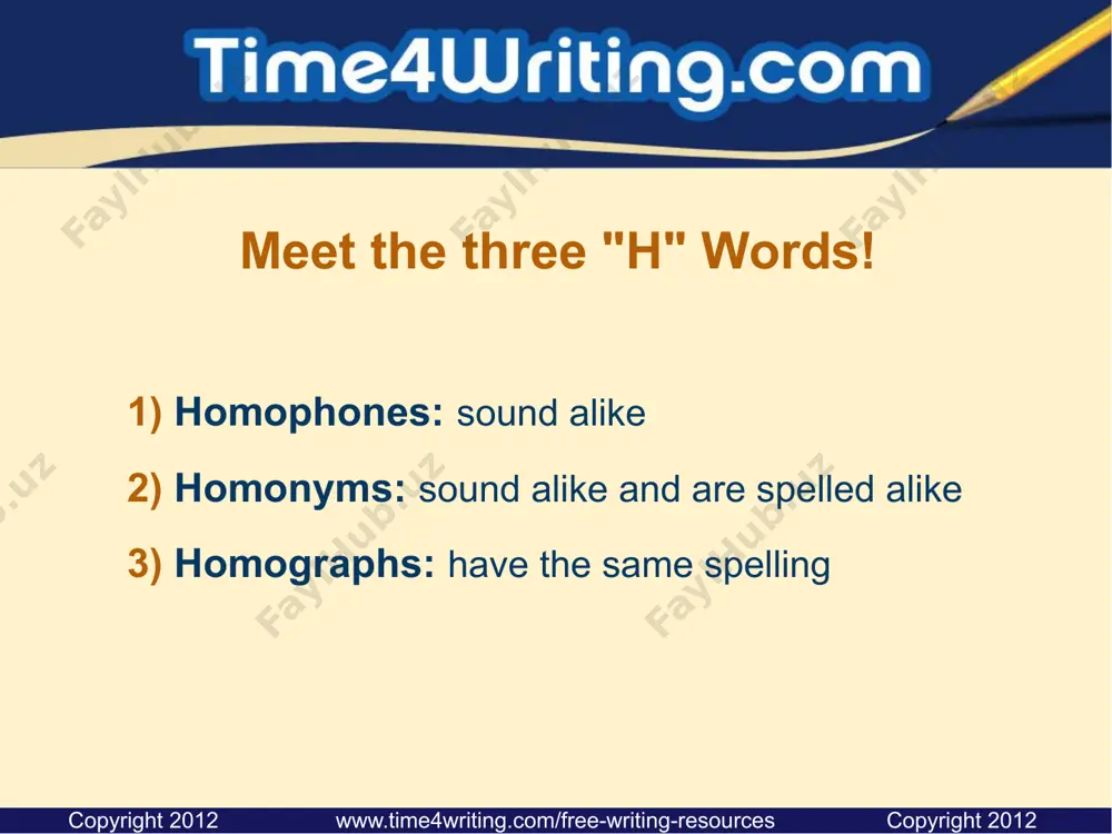e the same spelling. copyright 2012 www.time4writing.com/free-writing-resources copyright 2012 copyright 2012 www.time4writing.com/free-writing-resources copyright 2012 same sound same spelling same meaning homophones yes air, heir, err maybe no air, heir, err yes a tire, to tire maybe no air, heir, err yes  gases, gasses homonyms yes a scale, to scale yes a scale, to scale no a scale, to scale homographs maybe yes a tire, to tire no  to lead, lead (metal) yes a tire, to tire to lead, lead (metal) maybe no a tire, to tire yes been (“bin vs. “bean”) the end. more free writing mechanics resources: parts of speech subject-verb agreement capitalization punctuation eight-week writing mechanics courses: elementary school middle school high school copyright 2012 www.time4writing.com/free-writing-resources copyright 2012 image1.jpeg /docprops/thumbnail.jpeg