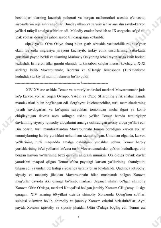 diniy, madaniy meros yutuqlarini tarqatuvchi, mamlakatlararo diplomatik aloqalarni ta'minlovchi yo'l ham edi. mas, hindistonning budda dini shu yo'l bilan xitoyga markaziy osi yo orqali kirib kelgan. iv-viii asrlarda xitoyning tashqi olam bilan savdo aloqalari kengaydi. ilk feodalizm davrida xitoyda ipakchilik rivojlanib ketdi va ipaklar arzon narhda markaziy osiyoga sug'd savdogarlari orqali kirib borgan. ular faqat mol olib, mol sotuvchi va undan foyda oluvchi jamiyatning boy qatlami hisoblanmay, balki o'zoq safarlarga katta savdo karvoni bilan ketuvchi savdogar, diplomatlar, ziyo tarqatuvchilar, u yoki bu hududdan yangi joylarga ilg'or xo'jalik ixtirolarini olib boruvchi nufuzli kishilar hisoblanardi. ular bir vaqtning o'zga mamlakatlar urf-odatlari, kuch va qudrati, xududiy joylashishi, tabiati va davlatni boshqarish tizimini chuqur bilishda o'ta xushyor davlat ayg'oqchilari vazifasini ham o'tar edilar. davlat boshliqlari ularning kuzatish mahorati va bergan ma'lumotlari asosida o'z tashqi siyosatlarini rejalashtirar edilar. bunday ulkan va zaruriy ishlar ana shu savdo-karvon yo'llari tufayli amalga oshirilar edi. melodiy eradan boshlab to …