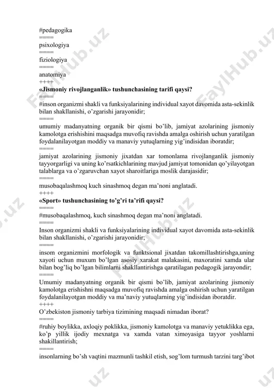 aysi? ==== #inson organizmi shakli va funksiyalarining individual xayot davomida asta-sekinlik bilan shakllanishi, o’zgarishi jarayonidir; ==== umumiy madanyatning organik bir qismi bo’lib, jamiyat azolarining jismoniy kamolotga erishishini maqsadga muvofiq ravishda amalga oshirish uchun yaratilgan foydalanilayotgan moddiy va manaviy yutuqlarning yig’indisidan iboratdir; ==== jamiyat azolarining jismoniy jixatdan xar tomonlama rivojlanganlik jismoniy tayyorgarligi va uning ko’rsatkichlarining mavjud jamiyat tomonidan qo’yilayotgan talablarga va o’zgaruvchan xayot sharoitlariga moslik darajasidir; ==== musobaqalashmoq kuch sinashmoq degan ma’noni anglatadi. ++++ «sport» tushunchasining to’g’ri ta’rifi qaysi? ==== #musobaqalashmoq, kuch sinashmoq degan ma’noni anglatadi. ==== inson organizmi shakli va funksiyalarining individual xayot davomida asta-sekinlik bilan shakllanishi, o’zgarishi jarayonidir; ==== insom organizmini morfologik va funktsional jixatdan takomillashtirishga,uning xayoti uchun muxum bo’lgan asosiy xarakat malakasini, maxoratini xamda ular bilan bog’liq bo’lgan bilimlarni shakllantirishga qaratilagan pedagogik jarayondir; ==== umumiy madanyatning organik bir qismi bo’lib, jamiyat azolarining jismoniy kamolotga erishishni maqsadga muvofiq ravishda amalga oshirish uchun yaratilgan foydalanilayotgan moddiy va ma’naviy yutuqlarning yig’indisidan …