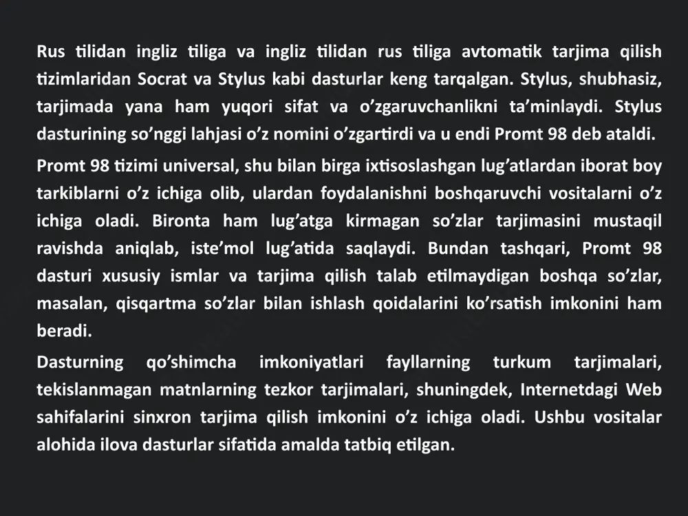 tgan hujjatning dasturga noma’lum bo’lgan so’zlari ro’yxatini olish va tarjima qilish lozim bo’lmagan so’zlar ro’yxatini boshqarish uchun mo’ljallangan uchta qo’shimcha varaqadan iborat: ilova darchasining pastki qismida tavsiyanoma satri ostida asboblar paneli joylashgan. ular satrida hujjat bilan ishlash imkoniyatini beruvchi piktogrammalar ro’yxatidir. promt 98 da ishni boshlash promt 98 da ishlash uchun bu dastur xotiraga chaqiriladi va sozdat piktogrammasi bosiladi (17.19-rasm): 17.19-rasm natijada quyidagi ekran – napravlenie perevoda (tar­ji­ma yo’nalishi) hosil bo’ladi (17.20-rasm). 17.20-rasm biror tilda yozilgan matnni tarjima qilish uchun napravlenie perevoda bandidan foydalaniladi. bu yerda, masalan, rus tilidan ingliz tiliga tarjima qilish uchun russko-angliyskiy bandi tanlanadi va ok bosiladi. bunda kompyuter avtomatik ravishda rus tilida yozilgan matnni ingliz tiliga tarjima qiladi va tarjima qilingan matn ekranning quyi qismida ko’rsatiladi. 17.21-rasmga qarang. shuni aytish kerakki, kompyuter hozircha 100% to’la va aniq tarjima qila olmaydi, albatta. lekin tarjima sifati oshib boruvchi dasturlar yaratilish jarayoni davom etmoqda. 17.21-rasm. tarjima natijasi darchasi. avtomatik …