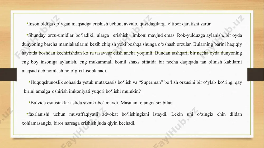 ini aldashi mumkinligi maqsadga to‘laqonli erishishdagi to‘siqlardan biridir. oddiy misol yordamida tushuntirilganda: misol uchun, kunning boshida siz o‘z oldingizga bir ilmiy maqolani to‘liq yozib tugatish rejasini qo‘ydingiz, kun oxirida esa maqolaning xulosasini tugata olmadingiz va ertaga tugatishga so‘z berdingiz. bu holat keyinchalik muvaffaqiyatsizlikka yoki yalqovlikka yetaklab, maqsadlardan og‘ish hissi paydo bo‘lishga xizmat qiladi. image3.png image4.png /docprops/thumbnail.jpeg