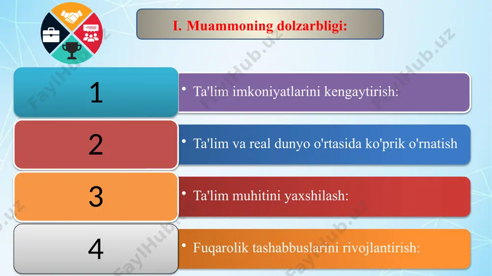 larning malakasini oshirish: . 4. madaniy va sport tashabbuslarini rivojlantirish: . 5, jamiyat bilan aloqalarni mustahkamlash: tadqiqot maqsadlari: hamkor tashkilotlar bilan hamkorlikda boshqa maktab va viloyatlar tajribasini o‘rganish. maktab ehtiyojlari va potentsial hamkorlardan umidlarini aniqlash. ta'lim jarayonining o'ziga xos xususiyatlarini va ta'lim muassasasining maqsadlarini hisobga olgan holda maktabni boshqarishga hamkorlarni jalb qilish strategiyasini ishlab chiqish. amalga oshirilgan o'zgarishlarning samaradorligini baholash va sheriklar bilan o'zaro hamkorlik strategiyasini tuzatish. natijalar va amaliy qo‘llash: tadqiqot natijalari maktabning hamkorlar bilan o‘zaro hamkorligini optimallashtirish, ta’lim sifatini oshirish va uzoq muddatli istiqbolda ta’lim muassasasining barqaror rivojlanishini ta’minlashga yordam beradi iv. vazifalar maktab ehtiyojlari va hamkorlarning imkoniyatlarini tahlil qilish: turli jihatlar bo'yicha maktabning hozirgi ehtiyojlarini tahlil qilish: hamkorlik strategiyasini shakllantirish: hamkorlikning asosiy yo'nalishlarini (kadrlar tayyorlash, moliyalashtirish, infratuzilmani qo'llab-quvvatlash va h.k.) va har bir yo'nalish bo'yicha tegishli vazifalarni belgilash. hamkorlarni qidirish va tanlash: maktab ehtiyojlarini eng yaxshi qondira oladigan va uning rivojlanishiga munosib hissa qo'sha oladigan tashkilotlarni tanlang. …