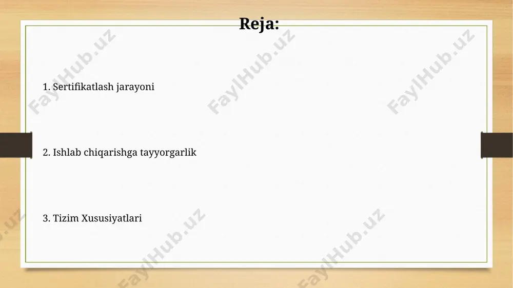 qilish zarur. kelajakdagi rejalar kelgusi 5 yil ichida iso 9001:2015 sertifikatini yangilash va qo‘shimcha ravishda iso 14001:2015 atrof-muhit menejmenti tizimi sertifikatini olishni rejalashtirmoqdamiz. ishlab chiqarish hajmini 20% ga oshirish maqsadida, zamonaviy avtomatlashtirilgan uskunalarni o‘rnatish va 10 nafar malakali mutaxassisni ishga qabul qilish rejalashtirilgan. ishlab chiqarish sertifikatsiyasi sertifikatlashtirish jarayoni davomida 3 ta mustaqil ekspert tomonidan audit oʻtkazilib, kamida 80% ball toʻplagan holda sertifikat beriladi. ishlab chiqarish sertifikatsiyasi jarayoni 3 bosqichdan iborat boʻlib, har bir bosqichda 5 dan ortiq meʼyorlarga rioya qilish talab etiladi va yakunida iso 9001 standartiga muvofiqlik sertifikati beriladi. xavfsizlik va ishonchlilik ishonchlilikni oshirish uchun, tizimning kamida 3 ta mustaqil nusxasi bo'lishi va avtomatik tiklanish vaqti 10 soniyadan kam bo'lishi kerak. tizimning xavfsizlik darajasini aniqlash uchun xavf tahlili va xavfni baholash (risk assessment) o'tkazish va kamida 5 ta turdagi tahdidlarni aniqlash kerak. huquqiy aspektlar sertifikatlashtirish jarayoni davomida taqdim etilgan hujjatlardagi yolg'on ma'lumotlar uchun ma'muriy javobgarlik, 3 yilgacha muddatga ozodlikni …