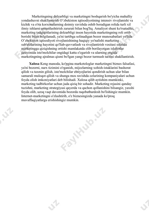 shlab chiqarish va shuning natijasida iste'molchilarning ehtiyojlarini qondirish bilan kompaniyaning umumiy foydasini oshirishdir. marketingning muamosi – o’tgan yil deyarli har bir sohadagi korxonalarni tushunib bo'lmaydigan holatlar oldida butun strategiyalarni yo'naltirishga yoki hatto ularni almashtirishga majbur qilgan marketologlar uchun notinch yurish bo'ldi. ko'pchilik uchun eng ko'zga ko'ringan o'zgarish, ijtimoiy masofadan uzoqlashish va boshpana berishning ta'siri edi, bu esa katta pog'onani yaratdi. onlayn xarid qilish faoliyati, hatto elektron tijorat ilgari aniq bo'lmagan sohalarda ham. ushbu siljish olomon raqamli landshaftni keltirib chiqardi, xaridorlarning e'tiborini jalb qilish uchun har qachongidan ham ko'proq tashkilotlar kurashishdi. ushbu siljish o'z-o'zidan o'zgarishi ehtimoldan yiroq emas. 2021 yilgi vazifa shovqinni qanday qilib engib o'tish va yuzma-yuz o'zaro ta'sirlashish bilan raqobatlasha oladigan mazmunli va shaxsiy tajribalarni etkazib berishni aniqlashdir. marketingning dolzarbligi va marketingni boshqarish bo'yicha mahalliy yondashuvni shakllantirish o’zbekiston iqtisodiyotining intensiv rivojlanishi va kichik va o'rta korxonalarning doimiy ravishda oshib boradigan rolida turli xil ilmiy ishlarni umumlashtirish zarurati bilan bog'liq. …