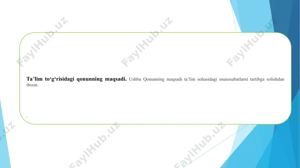 malaka va ko‘nikmalarni olishga qaratilgan bo‘lib, ularning nazariy qismi ta’lim tashkiloti negizida, amaliy qismi esa ta’lim oluvchining ish joyida amalga oshiriladi. dual ta’limni tashkil etish tartibi o‘zbekiston respublikasi vazirlar mahkamasi tomonidan belgilanadi. 20-modda. inklyuziv ta’lim inklyuziv ta’lim alohida ta’lim ehtiyojlari va individual imkoniyatlarning xilma-xilligini hisobga olgan holda barcha ta’lim oluvchilar uchun ta’lim tashkilotlarida ta’lim olishga bo‘lgan teng imkoniyatlarni ta’minlashga qaratilgan. jismoniy, aqliy, sensor (sezgi) yoki ruhiy nuqsonlari bo‘lgan bolalar (shaxslar) uchun ta’lim tashkilotlarida inklyuziv ta’lim tashkil etiladi. inklyuziv ta’limni tashkil etish tartibi o‘zbekiston respublikasi vazirlar mahkamasi tomonidan belgilanadi. 21-modda. eksternat tartibidagi ta’lim eksternat tartibidagi ta’lim olish o‘quv dasturlarini mustaqil ravishda o‘zlashtirishni o‘z ichiga olib, uning yakunlari bo‘yicha ta’lim oluvchilardan davlat ta’lim muassasalarida yakuniy va davlat attestatsiyalaridan o‘tishni talab etadi. eksternat tartibidagi ta’lim olishni tashkil etish tartibi o‘zbekiston respublikasi vazirlar mahkamasi tomonidan belgilanadi. o‘zbekiston respublikasida uzluksiz ta’lim tizimi. ta’lim turlari quyidagilardan iborat: maktabgacha ta’lim va tarbiya; umumiy o‘rta va o‘rta maxsus …