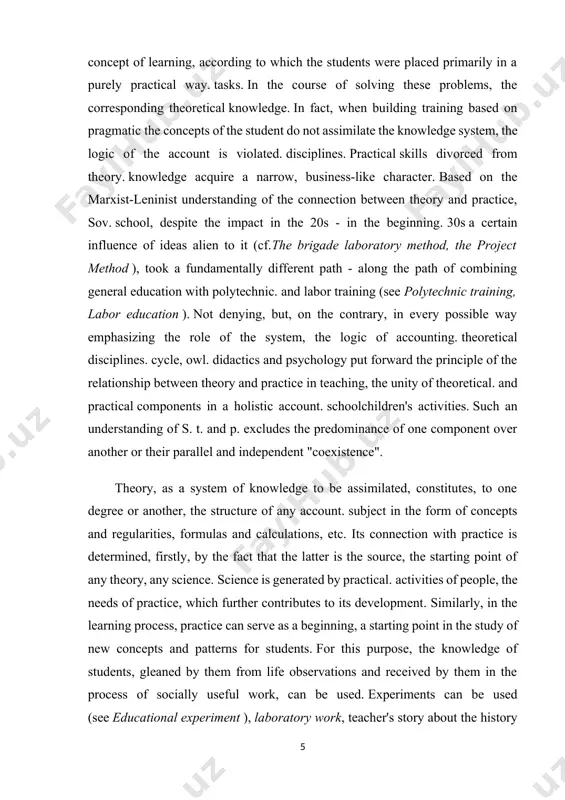 aching, the unity of theoretical. and practical components in a holistic account. schoolchildren's activities. such an understanding of s. t. and p. excludes the predominance of one component over another or their parallel and independent "coexistence". theory, as a system of knowledge to be assimilated, constitutes, to one degree or another, the structure of any account. subject in the form of concepts and regularities, formulas and calculations, etc. its connection with practice is determined, firstly, by the fact that the latter is the source, the starting point of any theory, any science. science is generated by practical. activities of people, the needs of practice, which further contributes to its development. similarly, in the learning process, practice can serve as a beginning, a starting point in the study of new concepts and patterns for students. for this purpose, the knowledge of students, gleaned by them from life observations and received by …