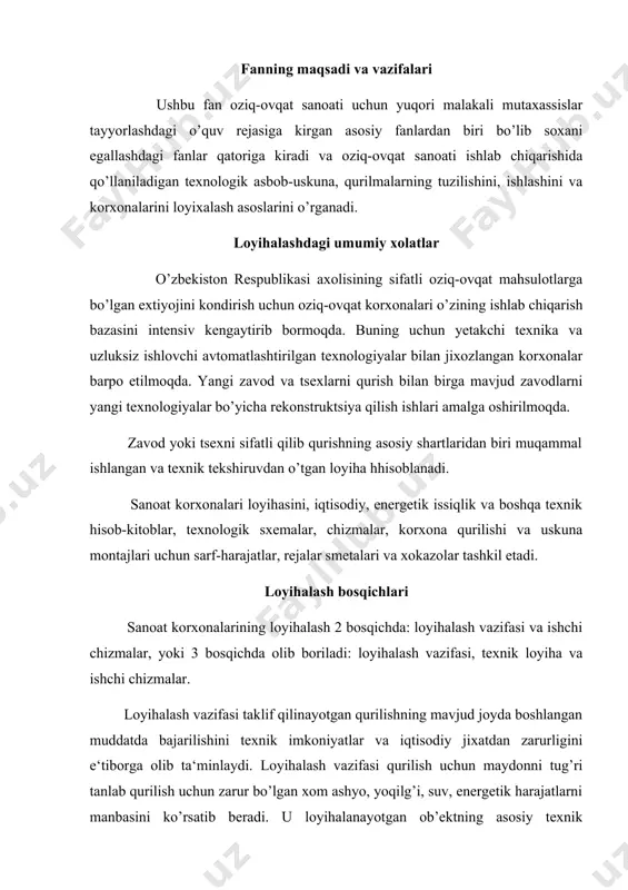 di. loyihalash vazifasi qurilish uchun maydonni tug’ri tanlab qurilish uchun zarur bo’lgan xom ashyo, yoqilg’i, suv, energetik harajatlarni manbasini ko’rsatib beradi. u loyihalanayotgan ob’ektning asosiy texnik xulosalariga asoslanib qurilishning narxi va asosiy texnik-iqtisodiy ko’rsatkichlarini belgilaydi. loyihalash vazifasi loyihalash vazifasi quyidagi ma‘lumotlarni o’z ichiga olish kerak: -qurilish maydonining harakteristikasi va bosh plani; -mahsulot harakteristikasi va hajmi; -korxona tuzilishi va texnologik jarayon tizimi; -xom ashyog’a va qushimcha materiallarga bo’lgan talablar; -asosiy uskunalarni tanlash va ularning soni; -asosiy tsexlarda uskunalarning joylashishi va boshqalar (uch bosqichli loyihalashda bo’lar berilmaydi). loyihalash vazifasi quyidagi tashkilotlar bilan kelishiladi: maxalliy xokimiyat va davlat temir va avtomobil yullari idorasi, vazirligi, energetika vazirligi. texnik loyiha texnik loyiha tasdiqlangan loyihalash vazifasiga asoslanib to’ziladi. uning vazifasi: loyihalash vazifasida qabul qilingan texnologik jarayonlarni, uskunalar turi va sonini, binolar va inshoatlarning konstruqtsiyalarini birma – bir qaytadan tadqiq qilishdan iboratdir. texnik loyiha quyidagi materiallarni o’z ichiga olishi kerak: -ishlab chiqarish dasturni; -tsexlarning ishlash tartibini; -texnologik …