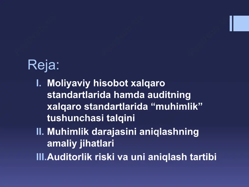 hu muhim hisoblangan ma’lumot orqali kritilgan o’zgartirish hech qanday huquqiy jihatdan ta’sirga uchramaydi. yuqoridagi fikrlardan kelib chiqqan holda muhimlik kontseptsiyasini quyidagi yo’nalishlarda shakllantirish mumkin: 1.moliyaviy hisobotda xususiyati jihatdan bir-biriga yaqin bo’lgan muhim moddalar (ko’rstakichlar) alohida-alohida aks etishi lozim; 2.muhim bo’lmagan moddalarni uning xususiyati va funktsiyalaridan kelib chiqqan holda umumlashtirish; 3.moliyaviy hisobotda aks etmaydigan ayrim ko’rsatkichlar hisobotga ilova sifatida keltiriladigan hujjatlarda ochib berilish lozim. muhimlik darajasini aniqlashning amaliy jihatlari xalqaro audit standartlari bo’yicha kengash (iasb) tomonidan muhimlik darajasinianiqlash bo’yichaqo’llanma ishlab chiqilgan. masalan, 600-sonli “guruhlar moliyaviy hisobotining auditi” nomli (isa 600- special consideration audits group financial statements) auditning xalqaro standartlarida “ko’p kompanentli” tuzilmaga ega bo’lgan sub’ektlarda muhimlik darjasini aniqlashning qo’yidagi qoidalari keltirlgan: bo’limlar, filiallar, sho’’balar uchun muhimlik darajasi umumiy guruh uchun aniqlangan muhimlik darajasidan past bo’lishi lozim; har bir component uchun alohida muhimlik darajasi belgilanadi; komponent uchun belgilangan muhimlik darajasi “umumguruh” bo’yicha muhimlik darajasiga to’g’ridan to’g’ri bog’lanmagan, boshqacha qilib aytganda barcha komponentlar …
