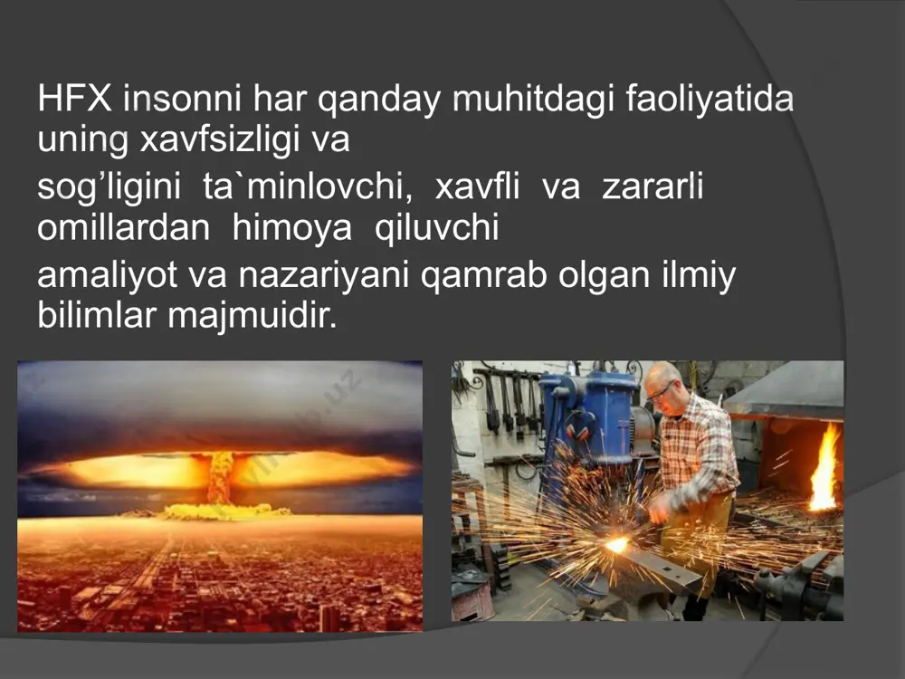 ilgan maqsadga erishish uchun quyidagi ikki masalani echish lozim bo`ladi: 1. ilmiy (inson-mashina sistemasini; atrof muhit-inson, xavfli (zararli) ishlab chiqarish omillari va boshqalarni matematik modellashtirish); 2. amaliy (uskunalarga xizmat ko`rsatishda mehnat xavfsizligini taminlash). e’tiboringiz uchun rahamt! image1.jpeg image2.jpeg image3.jpeg image4.jpeg image5.jpeg image6.jpeg image7.jpeg image8.jpeg image9.png image10.jpeg image11.png image12.jpeg image13.jpeg /docprops/thumbnail.jpeg