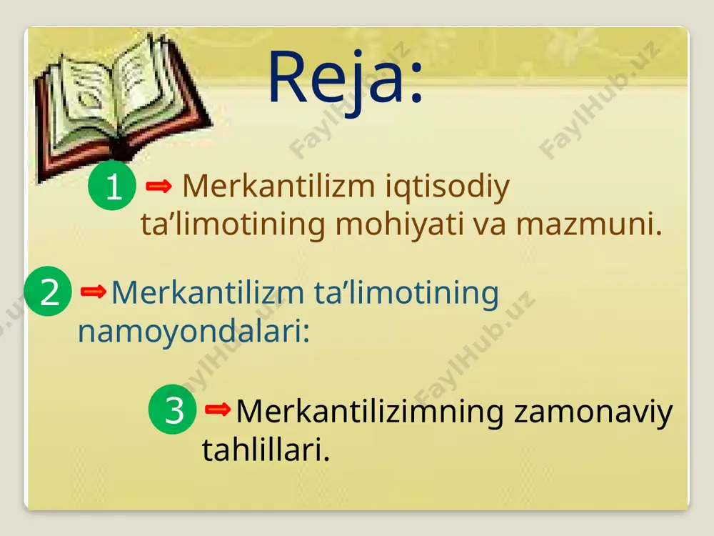 ylik bilan bir narsa deb qaradilar; merkantilistlarning tamoyillari: eksportni, ayniqsa, tayyor mahsulotlar eksportini rag’batlantirish ish haqining past darajasini ushlab turish mamlakatga oltin va kumushning oqib kelishini ta’minlash maqsadida tashqi savdoni tartibga solish arzon xom ashyoni import qilish yo’li bilan sanoatni rag’batlantirish import qilinadigan sanoat tovarlariga protek-tsionistik tariflarni belgilash har qanday oltin va qimmatbaho narsalarga boylik sifatida qarash; dastlabki merkantilizm. - davlatning kuch-qudrati pulda, shunga qarab aholining turmush tarzi shakllanadi.pulni qonuniy yo’l bilan ko’paytirish.davlat qimmatbaho metallarni chetga chiqarmaslik, importni cheklashga harakat qilishi, chetdan pul kirib kelishini rag’batlantirish kerak. keyingi merkantilizm. - aktiv savdo balansiga erishish, ya’ni ko’roq sotib sotib olishni targ’ib qilishadi. merkantilizm merkantilizm ta’limotining namoyondalari: marian xvii asrning 20-yillarida ispan bimetall monetar nazariyasining yetuk himoyachisi qimmatli toshlardan iborat xorijiy monetalarga ayirboshlanadigan tovarlarni chetga chiqarishdan boshqa, barcha har qanday tashqi savdoni man etish talabini ilgari surdi. u chetga faqat tayyor mahsulot chiqarishni, isrofgarchilikka qarshi qattiq kurashishni, qimmatbaho xorijiy tovarlarni iste’-mol qilishdan …