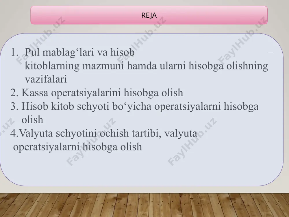 tadi. 5010 – schyotining kredit oboroti 1 – jurnal-orderda aks ettiriladi. debet oborotlari turli jurnal-orderlarga yoziladi, bundan tashqari, 1–qaydnoma bilan nazorat qilinadi. 5010 “milliy valyutadagi pul mablag‘lari” scheti bo‘yicha eng ko‘p uchraydigan operatsiyalarni schetlarda aks ettirish № xo‘jalik operatsiyalar mazmuni schyotlar korrespondensiyasi debit kridit 1 naqd pulga mahsulot, tovarlar, ishlar va xizmatlar sotildi 5010 9010,9020,9030 3 bankdan pul kelib tushishdi 5010 5110 4 hisobdor shaxslar tomonidan ilgari olingan ishlatilmagan bo‘nak-lar qaytarildi 5010 4220 5 ta’sischilar tomonidan korxona ustav kapitalidagi ulushiga naqd pul topshirilishi 5010 4610 6 xodimga berilgan qarz kassaga qaytarildi 5010 4730 7 kassadan ishchilarga ish haqi berildi 6710 5010 9 inventarizatsiya paytida kassada ortiqcha pul mablag‘i aniqlanib kassaga kirim qilinganda 5010 9390 11 hisob – kitob schyotini ochishda taqdim etiladigan hujjatlar - ustav; - ta'sis shartnomasi (bir nechta muassis bo'lsa);muassislar umumiy yig'ilishining bayonnomasi yoxud muassisning qarori; - muassislarning pasport nusxalari; - korxona direktorini tayinlash to'g'risida muassislar umumiy yig'ilishining …