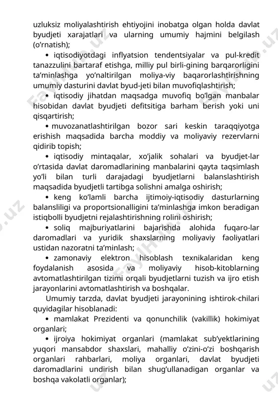 zimini tartibga solish organlari; · davlat va mahalliy nazorat organlari; · davlatning byudjetdan tashqari jamg’armalari; · davlat byudjeti mablag’larini taqsimlovchilar va boshqalar. davlat byudjeti jarayonini tashkil etishda quyidagi printsiplarga rioya qilinadi: · yagonalik; · mustaqillik; · balans usuli. yagonalik printsipi bu yerda yagona huquqiy baza, yagona davlat byudjeti klassifikatsiyasi, mamlakatning konsolida- tsiyalashtirilgan byudjetini tuzishda zarur bo’ladigan statistik va davlat byudjeti ma’lumotlari uchun davlat byudjeti hujjatlari shakllarining va pul tizimining yagonaligi orqali ifodalanadi. mustaqillik printsipi davlat byudjeti jarayonini amalga oshirishda uning har bir ishtirokchisi uchun mustaqil bo’lish imkoni berilganligi bilan belgilanadi. unga muvofiq, bu jarayonning ishtirokchilari daromadlarning o’z va tartibga soluvchi manbalari hamda ulardan foydalanishning yo’nalishlarini mustaqil ravishda aniqlash huquqiga egadirlar. balans usuli printsipi davlat byudjeti daromadlari va xarajatlari o’rtasida to’g’ri nisbatlar o’rnatishda gavda-lanadi. unga rioya qilinishi davlat byudjetining barqa-rorligini va xo’jalik sohalari o’rtasida mablag’larni taqsimlashda zaruriy nisbatlarni ta’minlashi kerak. bu metodning muhim sharti davlat byudjeti xarajatlarining daromadlariga muvofiqligi va moliyaviy …