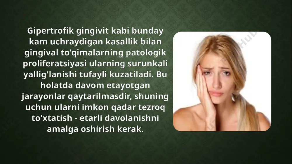 niyasi kationizlanishi. gipertrofik gingivit, tolali shakl - davolash agar gipertrofik gingivit, tolali shakldagi tashxis qo'yilgan bo'lsa, unda konservativ usullar etarli emas va ular ko'p hollarda samarasizdir. patologik o'sishni tezkor olib tashlashni tavsiya etish tavsiya etiladi, bu quyidagi usullardan birida bajarilishi mumkin: kristallanish - past haroratli ta'sirlangan to'qimalarga ta'sir qilish; diatermokoagulyatsiya - yuqori chastotali alternativ oqimli davolash; skalpel bilan jarrohlik eksizyon. bundan tashqari, yumshoq va qattiq tish quyqalarini olib tashlash, karusni davolash, mahalliy antiseptik va yallig'lanishga qarshi davolanish, umumiy immunitetni mustahkamlovchi terapiya. bemorlarga kasallikning takrorlanishining oldini olish bo'yicha maslahat berildi, jumladan, maxsus parfyumeriya va chayqovni ishlatish bilan og'iz bo'shlig'ida parvarish. gipertrofik gingivitis, shishgan shakl - davolash shifokor shakli kamroq deb hisoblanadigan gipertrofik gingivit, bu holda tibbiy va fizioterapiya metodlari bilan davolanishi mumkin, jumladan: stomatologik zaxiralarni yo'q qilish; antiseptiklar va yallig'lanishga qarshi vositalar bilan davolanish; soqol massaji; elektroforez ; ultratovush terapiyasi; lazer terapiyasi; darsonvalizatsiya. davolashning ijobiy natijalari yo'qligi sababli sklerozli terapiya tavsiya …
