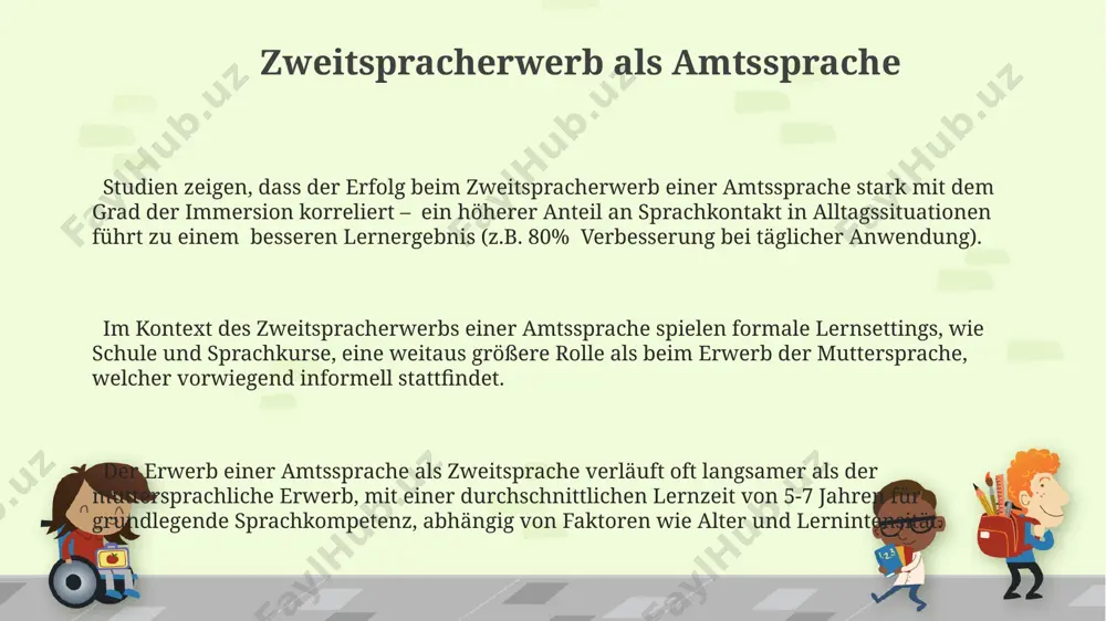 zeigen, dass ein mindestens 6-monatiger zeitraum der vollständigen immersion in einer bestimmten zielsprache erforderlich ist, um ein signifikantes fortschreiten im hörverständnis zu erreichen. die immersion fördert ein schnelleres erlernen von ca. 2000 wörtern pro jahr, im gegensatz zu traditionellen methoden, die oft nur 500-1000 wörter pro jahr vermitteln. soziokulturelle faktoren regionale dialekte und soziolekte beeinflussen den erwerb einer zweitsprache signifikant; studien belegen einen unterschied von bis zu 15 prozentpunkten im lernerfolg zwischen verschiedenen soziokulturellen gruppen. der einfluss von medienkonsum (z.b. fernsehen, 30% der kinder schauen täglich mehr als 2 stunden) auf den zweitspracherwerb ist umstritten, jedoch kann er, je nach inhalt und qualität, positive oder negative effekte haben. der spracherwerb in bilingualen familien zeigt, dass ca. 70% der kinder bis zum alter von 5 jahren eine native-like beherrschung beider sprachen erreichen, vorausgesetzt, beide sprachen werden regelmäßig verwendet. grammatikentwicklung im vergleich muttersprachler durchlaufen typischerweise fünf phasen der grammatikentwicklung bis zum alter …