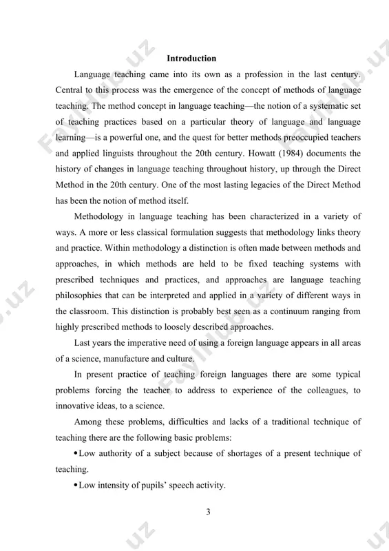 e problem of effective teaching foreign languages have caused its topicality, and consequently the choice of a theme for the given research work. it also has determined the aim of work: to distinguish the most rational techniques of teaching a foreign language which can be used in school. the subject of this course paper is variety of methods and ways and their effectiveness of using in teaching a foreign language. the object of research is the process of teaching and pupils who are the subjects of this teaching process. in this work it is necessary to solve the following primary objectives: 1. theoretically to comprehend and approve in practice available approaches to teaching a foreign language in high school. 2. to analyze the basic contents of a teaching material and principles of its organization in a rate of foreign language 3. to compare suggested approaches and to choose the most …