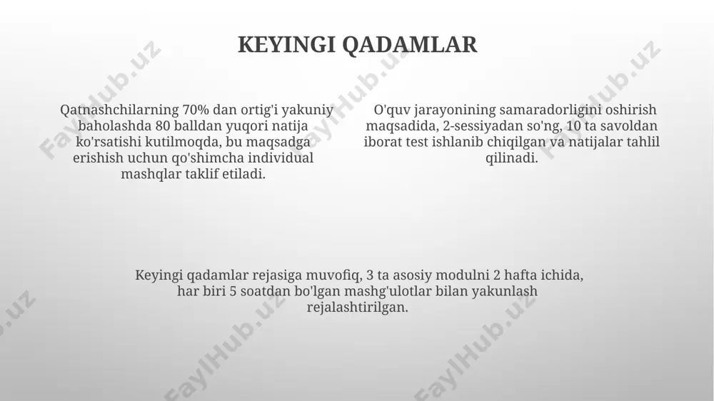 y un-nafois bo'yicha 20 dan ortiq ilmiy maqola va 5 ta monografiyadan iborat adabiyotlar ro'yxati mavjud bo'lib, ularning aksariyati 1990-yillardan keyin nashr etilgan. imkoniyatlar va cheklashlar majoliy uslubdagi 3 seansdan keyin ijodiy fikrlash darajasi o'rtacha 10 ballga oshishi kuzatilgan, ammo bu natijalar nazariy bilimlarni amaliyotda qo'llash darajasiga bog'liq. ma'lumotlarni tahlil qilish qobiliyati 20% gacha oshishi mumkin, lekin bu faqat sezgir mashqlar tizimi qo'llanilgan taqdirda amalga oshadi va bu natijalar bir necha hafta davom etadi. majoliy tafakkurning 2-3 seansida fikrlash tezligi 15-20% ga oshishi mumkin, ammo bu individual farqlarga bog'liq va barcha ishtirokchilarga ta'sir qilmaydi. testlar va baholash test natijalari talabalarning majholiy un-nafoisdagi 5 ta asosiy koʻnikmalarini – oʻqish, yozish, tushunish, tahlil qilish va ijod qilishni aniqlaydi. baholash jarayoni nafaqat yozma ishlarni, balki ogʻzaki javoblarni ham, masalan, 2 ta muloqot topshirigʻini, oʻz ichiga oladi va ularning har biri 15 ball bilan baholanadi. majoliy un-nafois testlarida 30 dan ortiq savol boʻlishi mumkin, …