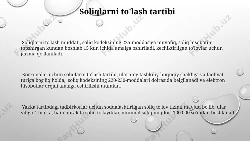 viga va boshqa omillarga bog‘liq ravishda belgilanadi. soliq nazorati va audit davlat soliq xizmati tomonidan o'tkazilgan soliq tekshiruvlari natijasida o'rtacha 30% soliq to'lovchilarda hujjatlarda nomuvofiqliklar aniqlandi, bu esa qo'shimcha tekshiruvlarni talab qiladi. o'zbekistonda soliq nazorati tizimidagi elektron hisob-kitoblar 20% ga oshishi kuzatilmoqda, bu korruptsiyaning oldini olishda muhim rol o'ynaydi. soliq auditida 2023 yil uchun soliq to'lovchilarning 15% i kamchiliklarga yo'l qo'yganligi aniqlandi, bu esa jarima sanktsiyalari va qo'shimcha soliq to'lovlariga olib keldi. soliq to'lovchilar katta korxonalar, soliq to'lovchilarning atigi 5% ni tashkil qilsada, yalpi soliq yig'imlarining 40% dan ko'prog'ini to'laydi, bu esa ularning yuqori soliq majburiyatlarini ko'rsatadi. soliq to'lovchilarning ro'yxatga olish raqamlari va soliq hisobotlarining o'z vaqtida topshirilishi soliq organlari tomonidan qat'iy nazorat qilinadi, bu esa noqonuniy faoliyatning oldini olishga yordam beradi. soliq to'lovchilarning 80% dan ortig'i yakka tartibdagi tadbirkorlar va mikrofirmalar hisoblanadi, ularning umumiy soliq yuklamasi yalpi ichki mahsulotning 15% ni tashkil etadi. soliq imtiyozlari va yengilliklari soliq imtiyozlari, …
