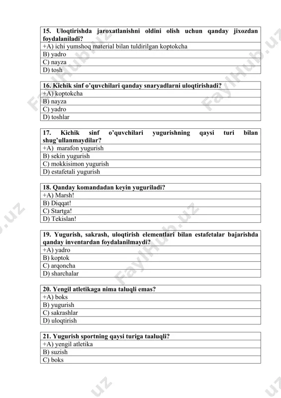 lardan 49. yengil atletikaning qaysi turida harakatlanuvchi tayanch - langardan foydalaniladi? +a) sakrashlarda b) yugurishda c) sportcha yurishda d) uloqtirishda 50. yugurib kelib uzunlikka sakrashda fazalar ketma ketligini aniqlang. +a) yugurish, depsinish, uchish, erga tushish b) erga tushish, yugurish, uchish, depsinish c) depsinish, yugurish, uchish, erga tushish d) uchish, yugurish, depsinish, erga tushish №51 manba: r.qudratov yengil atletika oliy o’quv yurtlari talabalari uchun h.t.rafiyev yengil atletika va uni o’qitish metodikasi. oliy o’quv yurtlari va kasb xunar kollejlari uchun o’quv qo’llanma sifatida tavsiya qilingan.-toshkent-2012. fan bobi-2; fan bo’limi-2; qiyinchilik darajasi-2 1-olimpiadaning mezboni qaysi davlat edi? +a) gretsiya b) indiya c) angliya d) amerika №52 manba: r.qudratov yengil atletika oliy o’quv yurtlari talabalari uchun h.t.rafiyev yengil atletika va uni o’qitish metodikasi. oliy o’quv yurtlari va kasb xunar kollejlari uchun o’quv qo’llanma sifatida tavsiya qilingan.-toshkent-2012. fan bobi-2; fan bo’limi-2; qiyinchilik darajasi-2 42 km 195 metrga yugurishni nimaligini aniqlang? +a) marafon yugurish b) kross …