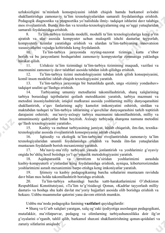 ayonida quyidagilarga e’tibor berish lozim, deb ta’kidlaydi: ta’lim oluvchini zeriktirmaslik kerak; talabalarga bilim berishda bir xil narsa va ma’lumotlarni doimo bir xil usulda o’rgatavermaslik kerak; uzviylik va izchillik asosida mavzularni qiziqarli qilib o’rgatish yo’llarini kashf etib borish lozim. pedagogikada ta’lim va tarbiya jarayonlarining turli jihatlarini o’rganishdan kelib chiqadigan bir qancha soha va bo’limlar mavjud. ular: 1. didaktika - bu o’qitishning maqsadi, vazifalari, tamoyillari, usullari bilan shug’ullanadigan soha. didaktika pedagogikaning ta’lim jarayonidagi umumiy qonuniyatlarini o’rganuvchi qismidir. didaktika yunoncha so’z bo’lib, «didasko» - o’qitish, «didaskol» - o’rgatuvchi, degan so’zlardan kelib chiqqan. muayyan bir fanga tadbiq etilgan didaktik qonuniyatlar, o’sha o’quv predmetining umumiy jihatlarini muayyanlashtiradi va ularda o’qitishning umumiy jihatlari namoyon bo’ladi. 2. pedagogikada tarbiya nazariyasi va amaliyoti tarmog’i bunda shaxsning axloqiy sifatlarini tarkib toptirish, unda e’tiqod, dunyoqarash, axloq singari ma’naviy jihatlarni shakllantirish masalalarining yechimi qaraladi. 3. pedagogika tarixi - bu jahon yoki milliy tarbiya nazariyasi, didaktika fani va amaliyotining jamiyat taraqqiyoti turli …
