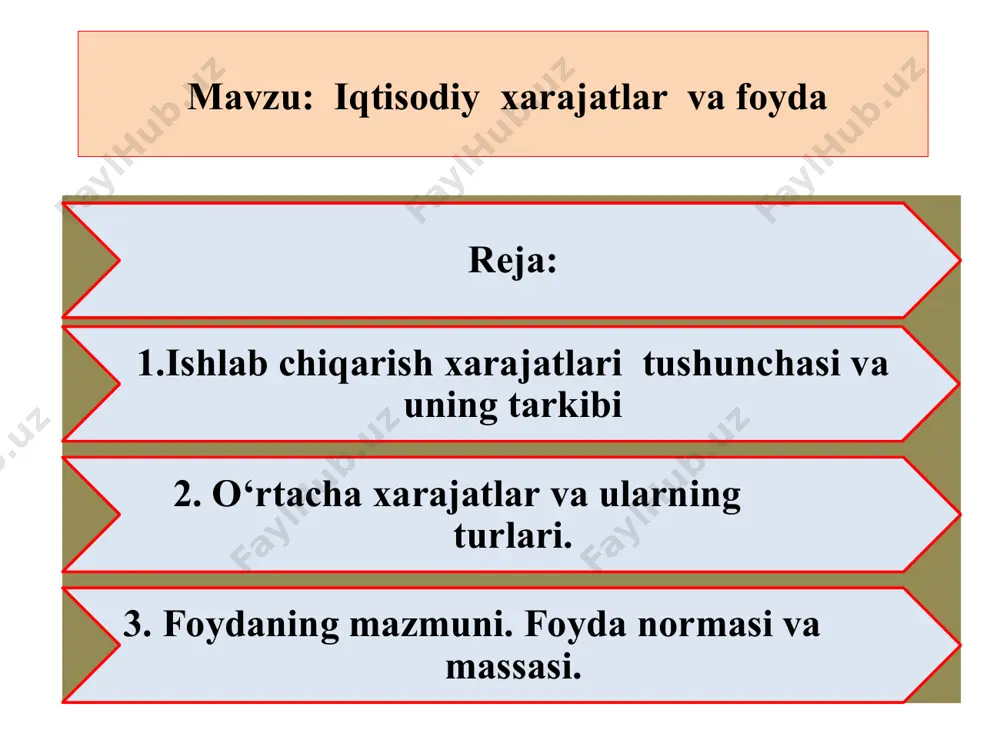 b, shu tovarlarni ishlab chiqaruvchidan olib, iste'molchiga yetkazilguncha ketadigan sarflarga aytiladi. muomala xarajatlari ham ikki guruhga bo‘linadi 1.qo‘shimcha muomala xarajatlari va sof muomala xarajatlari. tovarlarni o‘rash, qadoqlash, saralash, transportga ortish, tashish va saqlash xarajatlari qo‘shimcha muomala xarajatlari hisoblanadi. muomala xarajatlarining bu turlari ishlab chiqarish xarajatlariga yaqin turib, tovar qiymatiga kiradi va uning qiymatini oshiradi. xarajatlar tovarlar sotilgandan keyin olingan pul tushumi summasidan qoplanadi. 2. sof muomala xarajatlari (sotuvchi maoshi va boshqalar), marketing (iste'molchilar talabini o‘rganish), reklama va shu kabi xarajatlardan iborat bo‘ladi. sof muomala xarajatlari tovar qiymatini oshirmaydi va ishlab chiqarish jarayonida yaratilgan tovarni sotgandan keyin olingan foyda hisobidan qoplanadi. i. resurslarni jalb qilish manbaiga ko‘ra tashqi xarajatlar – tashqi resurslarni jalb qilish tufayli vujudga keladi. ichki xarajatlar – o‘ziga tegishli resurslardan foydalanish natija-sida vujudga keladi. tashqi xarajatlar ички харажатлар ishchi kuchiga sarflar bino-inshoot amortizasiyasi xom-ashyo xarajatlari mashina-uskuna amortizasiyasi yonilg‘i-energiyaga xarajatlar ijara haqi transport-aloqa xizmatlariga xarajatlar qarz pul mablag‘lari va …