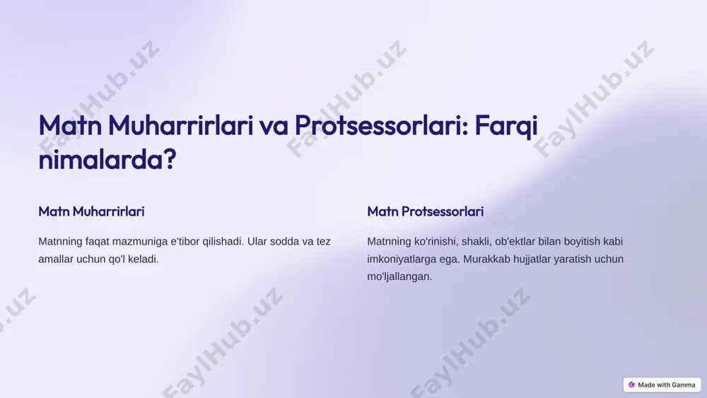 afika, jadval va formulalar qo'shish. matnni tekshirish imloning to'g'riligini va grammatik xatolarni tekshirish. ko'p foydalanuvchili tahrir hujjatni birgalikda tahrirlay olish imkoniyati. 8 word dasturining asosiy funksiyalari 1 hujjat yaratish yangi hujjat ochish, mavjudlarini ochish. 2 hujjatni saqlash hujjatni istalgan joylarga saqlab olish. 3 hujjatni tahrirlash matnni, formatni, grafika va jadvallarni o'zgartirish. 9 xulosa 1 matn muharrirlari va protsessorlari matnlar bilan ishlash uchun asosiy kompyuter vositalari. 2 microsoft word yetakchi matn protsessori, ko'p imkoniyatli va qulay interfeys. 3 kompyuter savodxonligi matn muharrirlari va protsessori asosiy bilimlar majmuasi. 10 image1.png image2.png image3.png image4.png image5.png image6.png image7.png image8.png image9.png image10.png image11.png image12.png image13.png image14.png image15.png image16.png image17.png image18.png