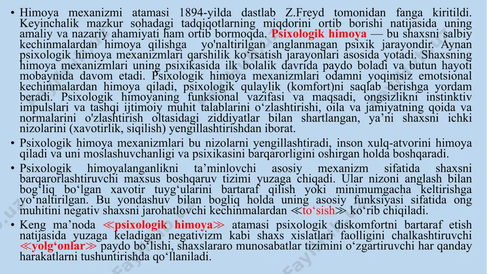 tsiyalarini ushlab turish uchun rivojlanadi. ularning paydo bolishi o‘zini ijobiy idrok qilish uchun noma’qul shuningdek, agressorga bogliq bolib qoladi. qo’rquv real stimulni unutish oqibatida qorquvni keltirib chiqaruvchi, shuningdek, u bilan bogliq bolgan assotsiativ obyektlar, faktlar vaziyatlarning barchasi yigiladi. regressiya. muammoli vaziyatda avvalgi yoki bolalikdagi istak va harakatlarni qoniqish shakliga qaytishdir. regressiya qisman toliq yoki simvolik bolishi mumkin. muammoni yordam sorash oqibatida hal qilish ≪regressiya≫ sinfiga shuningdek, ≪harakat faolligi≫ mexanizmiga kiradi. shuningdek, xavotirlanishni kamayishini talab qilish mumkin bolmagan istak orqali kelib chiqqan. regressiv xulq-atvor ko‘p hollarda kattalar tomonidan taqdirlanadi hamda simbiotik emotsional munosabatlarni talab qiladi. proyeksiya — bu individ o‘zining ongli darajasida rad qiluvchi fikr, tuyg‘u, motiv va istaklarni boshqa shaxs yoki obyektga otkazish mexanizmi. mexanizm o‘zini va atrofdagilarni ular tomonidan emotsional rad etilishi sifatida qabul qilmaslik tuyg‘usini ushlab turish uchun rivojlanadi. proyeksiya o‘zini qabul qilmaslik qorquvi bilan kurashishni uddalay olish uchun boshqalarning rad etuvchi harakatiga nisbatan chaqirilgan. proyeksiya atrofdagilarga ularni …