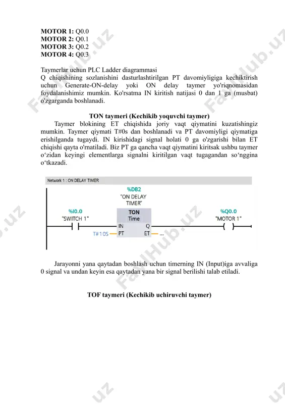 on delay taymer yo'riqnomasidan foydalanishimiz mumkin. ko'rsatma in kiritish natijasi 0 dan 1 ga (musbat) o'zgarganda boshlanadi. ton taymeri (kechikib yoquvchi taymer) taymer blokining et chiqishida joriy vaqt qiymatini kuzatishingiz mumkin. taymer qiymati t#0s dan boshlanadi va pt davomiyligi qiymatiga erishilganda tugaydi. in kirishidagi signal holati 0 ga o'zgarishi bilan et chiqishi qayta o'rnatiladi. biz pt ga qancha vaqt qiymatini kiritsak ushbu taymer oʻzidan keyingi elementlarga signalni kiritilgan vaqt tugagandan soʻnggina oʻtkazadi. jarayonni yana qaytadan boshlash uchun timerning in (input)iga avvaliga 0 signal va undan keyin esa qaytadan yana bir signal berilishi talab etiladi. tof taymeri (kechikib uchiruvchi taymer) tof taymeri kirish chiqishlari ton taymeri bilan bir xil faqatgina ton taymeri chiqishga signalni ma’lum vaqt oʻtgandan soʻng oʻtkazsa, tof (time of) kechikib oʻchiruvchi taymer esa avvaliga chiqishga signalni oʻtkazib yuborib berilgan vaqt tugagandan soʻng esa signalni oʻzib quyadi. impuls taymeri (timer pulse) impuls taymerining kirishiga kichik impuls signali berilsa ham …