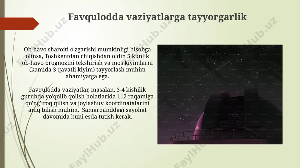 nomiya observatoriyasiga borish uchun 2 ta yirik yo'nalish mavjud: toshkentdan 350 km avtomobil yo'li orqali yoki 1,5 soatlik tezkor poyezdda. sayohat vaqti transport turiga bog'liq. guruh avtobusi 45 kishilik bo'lib, farg'ona viloyatidan toshkentga, keyin samarqandga yo'l oladi, taxminan 600 km masofani bosib o'tadi. astronomiya sayohatiga tayyorgarlik sayohatga 100 dan ortiq ishtirokchi kutilmoqda va ularning xavfsizligi uchun 3 ta favqulodda vaziyatlar rejasi ishlab chiqildi, shuningdek, 2 ta tibbiy yordam brigadasi tayyor holatda bo'ladi. uchrashuv joyi sifatida toshkentdagi milliy universitetning astronomiya kafedrasi tanlangan bo'lib, sayohatga oldindan 7 kun qolganida barcha ishtirokchilarga elektron pochta orqali batafsil yo'riqnoma yuboriladi. guruh ishi va muvofiqlashtirish toshkentdan samarqandgacha bo'lgan yo'l xarajatlarini qoplash uchun 200.000 so'm miqdorida mablag' jamg'arish va har bir talabaning ishtirokini tasdiqlash kerak. har bir guruh a'zosi uchun 5 kg dan oshmasligi kerak bo'lgan individual astronomik jihozlar ro'yxatini tuzish va ularni 7-noyabr kuniga qadar topshirish zarur. e'tiboringiz uchun rahmat @taqdimot_robot image1.jpg image2.jpg image3.jpg image4.jpg image5.jpg …