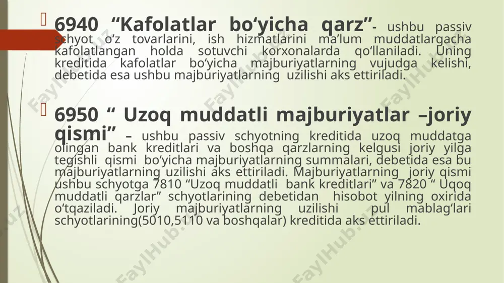 iy to‘lovlarining holati va harakati aks ettiriladi. qisqa muddatli ijara bo‘yicha joriy to‘lov summasi shartnomaga asosan belgilanadi va quyidagicha schyotlarda aks ettiriladi: debet 4820 ” qisqa muddatli ijara bo‘yicha olinadigan to‘lovlar” kredit 6410 “ budjetga to‘lovlar bo‘yicha qarzlar” –hisoblangan qqs summasiga kredit 9350 “ qisqa muddatli ijaradan daromadlar” – to‘lovdan qqs summasini ayirib tashlagandan keyin qolgan qismiga. to‘lov amalga oshishi bilan ushbu schyot yopiladi ( 5010,5110,5210 va boshqa schyotlarning debetiga va 4820- schyotning kreditiga). 4830 “olinadigan foizlar” - ushbu schyotda korxonaning qisqa muddatlarga boshqa yuridik va jismoniy shaxslarga bergan qarzlari va kreditlari bo‘yicha shartnomalarga asosan hisoblangan foizlarga tegishli olinadigan joriy to‘lovlarining holati va harakati aks ettiriladi. ushbu schyotning debetida foizlar bo‘yicha debitorlik qarzini vujudga kelishi va daromadga kiritilishi ( 9530 “foizlar ko‘rinishidagi daromadlar” schyotining kreditiga), kreditida esa ushbu to‘lovlar bo‘yicha debitorlik qarzlarini pul mablag‘lari schyotlariga kelib tushishi natijasida kamayishi aks ettiriladi. 4840 “ olinadigan dividendlar” - ushbu schyotda korxonaning boshqa …
