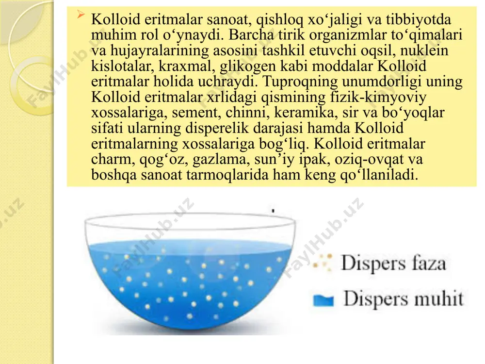 rug’likning yoyilishi ҳodisasi kuzatiladi. lekin kolloid eritma zarrachalarining o’lchamlari yorug’likning to’lqin uzunligidan kichik bo’lgani uchun difrakstiya, ya’ni yorug’lik zarrachani “o’rab o’tib”, o’z yo’nalishini o’zgartirish xodisasi vujudga keladi. reley qonunlariga muvofiq kolloid zarrachadan yoyilayotgan nurning intensivligi: i = k io  νv2 / λ4  (n12 – n22 / n12 – 2n22)2 j0- yorituvchi nurning intensivligi. υ – sistemaning xajm birligidagi zarrachalar soni. v – xar qaysi zarrachaning xajmi. n1–kolloid zarracha xosil qilgan moddaning yorug’likni sindirish koeffistienti. k – proporstionallik koeffistienti. bu formula zarrachaning o’lchamlari 40 – 70 nm dan katta bo’lmagan sistemalar uchungina qo’llaniladi. dispers faza va dispers muҳit moddalarining yorug’likni sindirish koeffistientlari o’rtasidagi farq qancha katta bo’lsa faradey – tindal effekti shuncha ravshan ko’rinadi. to’lqin uzunliklari kichik bo’lgan binafsha va xavorang nurlar kolloid sistemalarda yaxshi yoyiladi,lekin to’lqin uzunligi katta bo’lgan qizil nur yaxshi yoyilmaydi. faradey – tindal effekti zolning konstentrastiyasi ҳaqida fikr yuritishga imkon beradi. kolloid eritmani konstentrastiyasini aniqlovchi …
