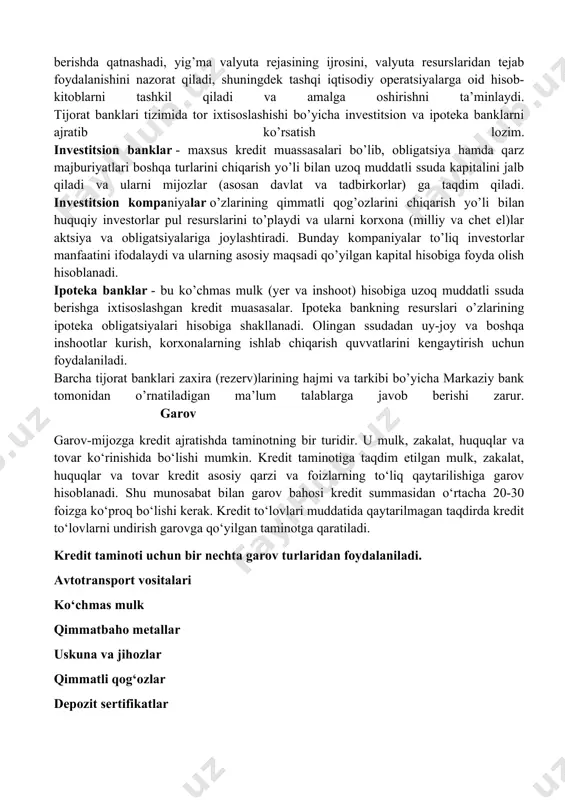 rat qilish, milliy valyutani muomalaga chiqarish. banklar o’z tasarrufidagi resurslardan foydalanish samaradorligi uchun moddiy jihatdan mas’ul hisoblanadi va shu sababli kredit-pul operatsiyalari ko’proq ularning iqtisodiy foydaliligiga va samaradorligiga qarab beriladi. tijorat banklari o’zlarining xo’jalik mavqeiga ko’ra aktsionerlik tipidagi muassasalar hisoblanadi. huquqiy mavqeiga ko’ra, faoliyatning biron bir turiga xizmat ko’rsatuvchi, ixtisoslashgan yoki milliy bank bo’lishi mumkin. tijorat banklar sanoat, savdo va boshqa xil korxonalarni omonat tarzida jalb etilgan pul mablag’lari hisobidan kreditlaydi, korxonalar o’rtasida hisob-kitobni amalga oshiradi, shuningdek vositachilik va valyuta operatsiyalari bilan shug’ullanadi. ixtisoslashgan tijorat banklar - iqtisodiyotning turli sohalarida tijorat tamoyillarida kredit-pul operatsiyalarining muayyan turlarini amalga oshiradi. xalq banki - mamlakatda omonat ishlarini tashkil etishni, naqd pulsiz hisob-kitob qilishni va aholi uchun kassa vazifasini amalga oshirishni, aholiga shaxsiy ehtiyojlarga kredit berishni va shu kabi operatsiyalarni ta’minlaydi. tashqi iqtisodiy faoliyat milliy banki eksport-import operatsiyalarini bevosita amalga oshiruvchi korxona va muassasalarga kredit beradi, qo’shma korxonalarga kredit berishda qatnashadi, yig’ma valyuta rejasining …