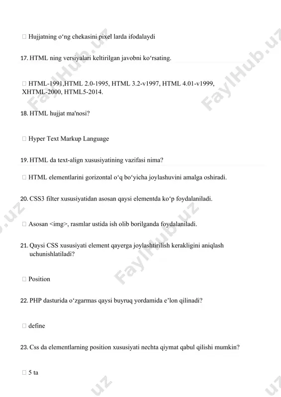 () xususiyati toʻgʻri ishlatilgan javobni belgilang.  filter: brightness(100%); 15. jqueryda keypress() hodisasi nima vazifa bajaradi?  klaviatura bosilgan holat 16. html da forma hosil qiluvchi element nomini koʻrsating.  17. jqueryda dblclick() hodisasi nima vazifa bajaradi?  ikki marta chertish 18. rasm tegida qaysi atribut orqali texnik sabablarga koʻra aks etmagan rasm oʻrnigamuqobil matnni koʻrsatish mumkin?  alt=”matn” 19. css da color xususiyati nima vazifa bajaradi?  yozuv rangini tanlash 1. opacity() xususiyatining to‘g‘ri qo‘llangan javobni belgilang.  filter: opacity(30%); 2. elementining vazifasini belgilang.  elementi ko‘rinadigan sahifa tarkibiga ega. 3. html da sahifaga rasm joylash uchun foydalaniladigan teg nomini belgilang.  4. html da … elementining vazifasi nima?  html da yozilgan sahifa yozuvlarini qo‘shtirnoq ichiga olish uchun foydalaniladi. 5. tegining vazifasi nimadan iborat?  bu teg ishlatilganda matn qanday uzunlikka egaligidan qat’iy nazar bir qatorda joylashadi 6. javascriptda o‘zgaruvchi qaysi teg orqali e'lon qilinadi?  7. cssda …