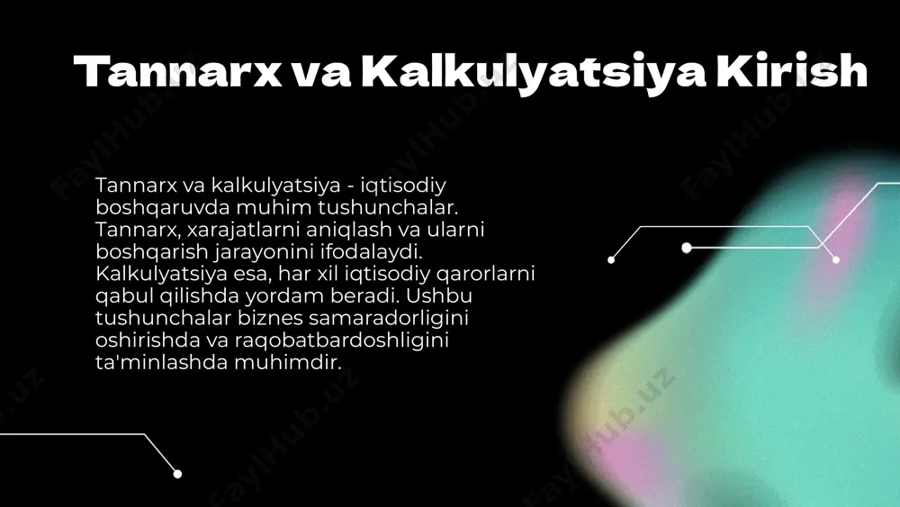 iya kelajakda asosiy tendensiyalar bo'ladi. rivojlanish yo'nalishlari yangi algoritmlar va innovatsion yondashuvlar rivojlanish yo'nalishlari sifatida ko'zda tutilmoqda. tannarxning biznesdagi roli tannarxning o'rni va ahamiyati tannarx, biznesda xarajatlarni aniqlashda muhim ahamiyatga ega bo'lib, samarali strategiyalar ishlab chiqishga yordam beradi. tannarxni boshqarishning afzalliklari tannarxni boshqarish xarajatlarni kamaytirish va foydani oshirish imkonini beradi, resurslarni samarali ishlatadi. tannarxni to'g'ri hisoblashning ta'siri tannarxni to'g'ri hisoblash biznesning moliyaviy ko'rsatkichlarini yaxshilaydi va qaror qabul qilishni tezlashtiradi. tannarxni optimallashtirish usullari tannarxni optimallashtirish texnologik yangiliklar va jarayonlarni takomillashtirish orqali amalga oshiriladi. tannarxni hisoblash usullari asosiy hisoblash usullari tannarxni hisoblashda uchta asosiy usul mavjud: 1) to'g'ri xarajatlar, 2) qo'shilgan xarajatlar va 3) o'zgaruvchan xarajatlar. hisoblashda e'tibor berilishi kerak bo'lgan omillar e'tibor berilishi kerak bo'lgan omillar: 1) xarajatlar, 2) bozor sharoitlari, 3) mahsulot fazilatlari. photo by altumcode on unsplash tannarxni tahlil qilish - tannarx tahlilining maqsadi: xarajatlarni aniq baholash va samarali qarorlar qabul qilish. - usullar: harajatlarni tahlil qilish va talqin …