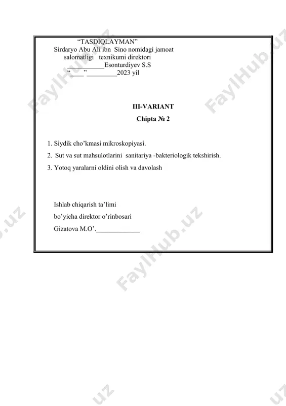 - bosh kiyish texnikasi. maksimal baho o’quvchinig bahosi · shaxsiy himoya kiyimlarini qo’llash qoidalarini biladi 2 · o’ta xavfli kasalliklar o’choqlaridagi profilaktika chora-tadbirlari 2 · dezinfeksiya turlarini va usullarini biladi 1 jami- 5 3stansiya giperglikemik komada shoshilinch yordam ko’rsatish maksimal baho o’quvchinig bahosi · bemor ahvolini baholaydi 2 · shifokorgacha tez tibbiy yordam ko’rsata oladi . 2 · parvarishini amalga oshirish 1 jami 5 “tasdiqlayman” sirdaryo abu ali ibn sino nomidagi jamoat salomatligi texnikumi direktori ___________esonturdiyev s.s “____”_________2023 yil iii-variant chipta № 4 1. najasdagi yashirin qonni piramidon sinamasi bilan tekshirish. 2. tibbiyot chiqindilarning tasnifi. 3. me’dadan qon ketganda birinchi yordam. ishlab chiqarish ta’limi. bo’yicha direktor o’rinbosari gizatova m.o’._____________ sirdaryo abu ali ibn sino nomidagi jamoat salomatligi texnikumi “feldsher laborantlik ishi ” yo’nalishi uchun kasbiy -amaliy imtixon savollari( 3 kvalifikatsiya boyicha 3ta stansyalar) iii-variant chipta -4 1. najasdagi yashirin qonni piramidon sinamasi bilan tekshirish. 2. tibbiyot chiqindilarning tasnifi. 3. me’dadan …