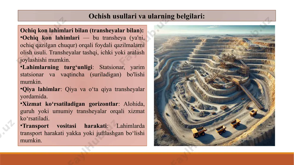 i gorizontlardagi qismi) qazishdan bo‘shagan maydonga ekskavatsiya qilinadi. bunday karyer maydonlarini ochishda qoplama jins pog‘onalari transheyasiz, foydali qazilma yotqizig‘i esa kapital transheyalar yordamida, ya’ni ularning kombinatsiyasida ochiladi. bunda karyer maydoni bitta flanga joylashgan transheya, ikkita flanga joylashgan transheya va markazga joylashgan transheya bilan flanga joylashgan transheyalar yordamida ochilishi mumkin (6.2-rasm). ochish usullari va ularning belgilari: gorizontal konlarni qoplama jinslarni tashqi ag‘darmaga tashish bo‘yicha qazib olinganda karyer maydonining alohida, umumiy va guruh kapital tarnsheyalar yordamida ochish amalga oshirilishi mumkin. karyer maydonini alohida transheyalar tizimi bilan ochish chuqurligi kichik, pog‘onalar soni kam (2-3 pog‘ona) va yuk potogini tarqoq bo‘lish zarurati bo‘lgan sharoitlarda qo‘llanadi (6.5-rasm). karyer maydonini umumiy kapital transheyalar bilan ochish usuli ham chuqurligi kichik, pog‘onalar soni kam (2-3 pog‘ona), biroq yuk potogini tarqoq bo‘lish zarurati bo‘lmagan sharoitlarda qo‘llanadi (6.6 – rasm). karyer maydonini umumiy kapital transheyalar bilan ochish usuli chuqurligi katta, pog‘onalar soni ko‘p (4-8 pog‘ona), bo‘lgan karyerlarda ham qo‘llanadi. biroq, …