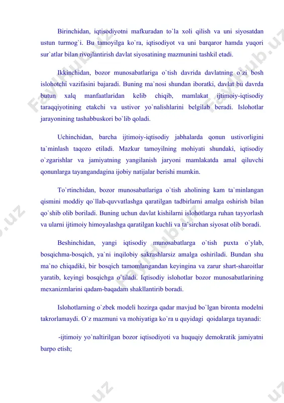 idagi o`zgarishlar har qanday iqtisodiy tizimning amal qilishi va iqtisodiyotning taraqqiyot darajasi ko`p jihatdan mulkchilik shakllari va munosabatlariga bog`liq. iqtisodiy faoliyat erkinligi, xo`jalik yurituvchi sub`ektlarning turliligi va teng huquqliligi, ular o`rtasidagi raqobat, tadbirkorlik tashabbuskorligi, o`zini-o`zi boshqarish va moliyalashtirish kabi bozor tamoyillarining mavjudligi haqida yuqorida fikr yuritgan edik. bozor iqtisodiyotining mazkur tamoyillari o`z navbatida ularga mos keluvchi mulkchilik shakllari va munosabatlarini shakllantirishni talab qiladi. shuning uchun mamlakatimizda iqtisodiy islohotlar o`tkazish dasturi birinchi navbatda mulkchilik munosabatlariga tub o`zgarishlar kiritishni nazarda tutgani tabiiy holdir. shuni alohida ta`kidlab o`tish joizki, mamlakatimizda rejali iqtisodiyot tizimi davrida hukmron mavqega ega bo`lgan ijtimoiy mulk bir qator kamchiliklari tufayli o`zini to`la-to`kis badnom qilib, iqtisodiy taraqqiyotning to`sig`iga aylangan edi. buning sababi shundan iborat ediki, ijtimoiy mulk hukmron bo`lgan sharoitda u xususiy mulkchilikning rivojlanishiga yo`l qo`ymaydi, xususiy mulkchilik rivojlanmagan mamlakatda bozor iqtisodiyoti to`g`risida so`z yuritishning o`zi hech qanday mantiqqa to`g`ri kelmaydi. shuning uchun markazlashgan rejali iqtisodiyot tizimidan bozor iqtisodiyotiga o`tish, …