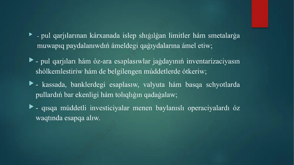 hi schyotları bolıp esaplanadı. klientler tárepinen bank schyotları ashılıp atırġanda, bank schyotı shártnaması dúziledi. bank schyotı shártnamasında bank klienttiń schyotına kelip túsip atırġan qarjılardı schyotqa kiris qılıw, klienttiń schyottaġı qarjılardı basqarıw boyınsha tapsırmaların orınlaw shártleri, bul boyınsha klient hám de banktiń huqıqları hám minnetlemeleri, bank xızmetleri ushın tóleniwi kerek bolġan komissiyalar hám de basqa shártler belgilep alınadı. mikrofirmalar ushın buxgalteriya esabı hám finanslıq basqarıw wazıypaların ámelge asırıwshı shaxstıń imza úlgisin usınıw talap etilmeydi. banktiń talabına qaray bank schyotınıń shártnaması sud arqalı tómendegi jaġdaylarda biykar etiliwi múmkin: -klienttiń schyotında saqlanıp atırġan pul qarjılarınıń summası bank qaġıydalarında yaki shártnamada kózde tutılġan eń kem summadan az bolsa, eger bunday summa bank tárepinen bul haqqında klientti eskertken kúnnen baslap bir ayda tiklenbese; - bank schyotı shártnamasında basqa múddet názerde tutılġan bolmasa, bul schyot boyınsha bir jıl dawamında operaciyalar ámelge asırılmaġan bolsa. diqqatlarin’iz ushin raxmet image2.png image3.png image4.png image5.png /docprops/thumbnail.jpeg