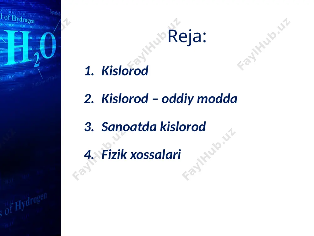 n gaz (0°c da 1 l suvda 490 ml ozon eriydi). ozon osonlik bilan parchalanadi: o3 = o2 + [o]; 2[o] = o2. ozon laboratoriyada ozonator yordamida olinadi. image2.jpeg image3.jpeg image4.jpeg image5.png image6.png image7.jpeg image8.jpeg image9.jpeg image10.jpeg image11.png image12.jpeg image13.jpeg image14.jpeg image15.jpeg image16.gif image17.jpeg image18.jpeg image19.jpeg image20.jpeg image21.jpeg image22.jpeg image23.jpeg image24.jpeg image1.jpeg 120320-f-up786-272 /docprops/thumbnail.jpeg