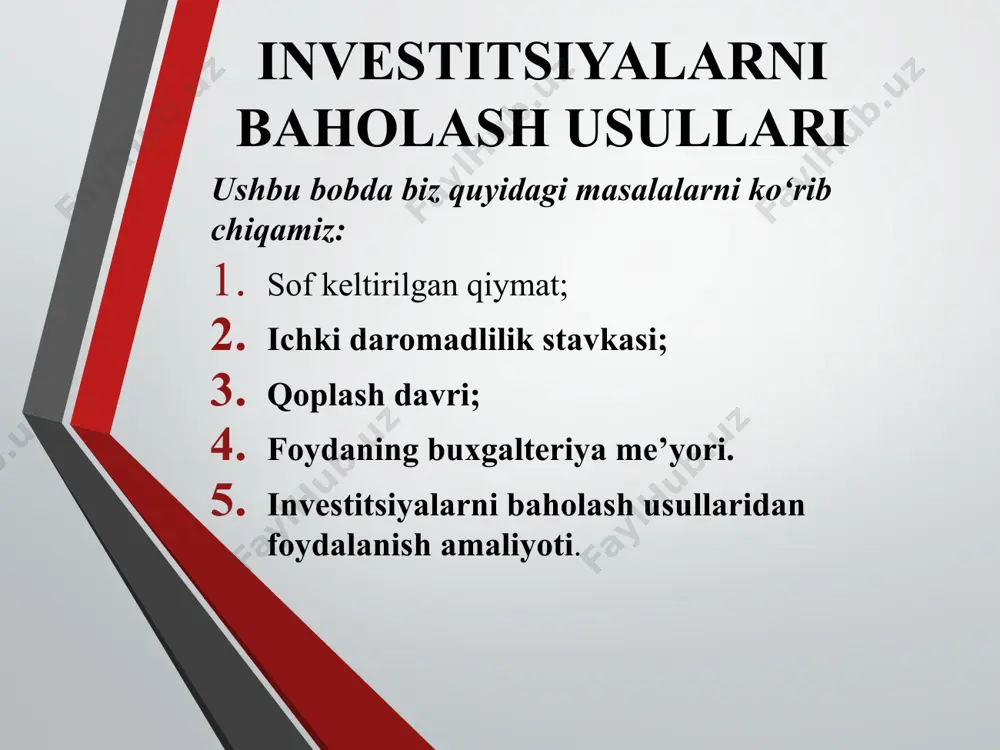 imiz «zenit» markasining npvsi diskont stavkasi 12% bo‘lganda + 478 f. st. tashkil qilishini ko‘rsatdi. bu uning irrsi 12% dan ko‘p bo‘lish kerakligini tasdiqlamoqda, chunki foiz stavkasi qancha yuqori bo‘lsa, har bir diskontlangan oqimning qiymati shuncha past bo‘ladi. biz u 12% dan qancha ko‘p ekanligini bilmaymiz, shuning uchun faqat, masalan, 14% ni tanlaymiz. yil pul oqimi, f. st. keltirilgan foyda, f. st. pul oqimi 14 foizli stavkada diskontlanganidan so‘ng npvsalbiy qiymatga ega, loyihaning npvsi nolga teng bo‘lgan diskontlash stavkasi 14 foizdan kam bo‘lib, 14 va 12 foizlar pozitsiyaga yaqin. npv=? npv= -570 yil pul oqimi, f. st. keltirilgan foyda, f. st. biz diskontlashni 13% bo‘yicha ushlab tursak, buni tasdiqlashimiz mumkin: investitsiyalar ko‘lamini hisobga olsak, npvning 55 f. st. qiymati noldan biroz farq qiladi. shuninganiqroq uchun amalda irr 13% ga teng deb hisoblashimiz mumkin. biroq, agar biz raqamni olishni istasak, quyidagi mantiq asosida approksimatsiyani amalga oshirimiz mumkin: diskont stavkasining 1% ga …