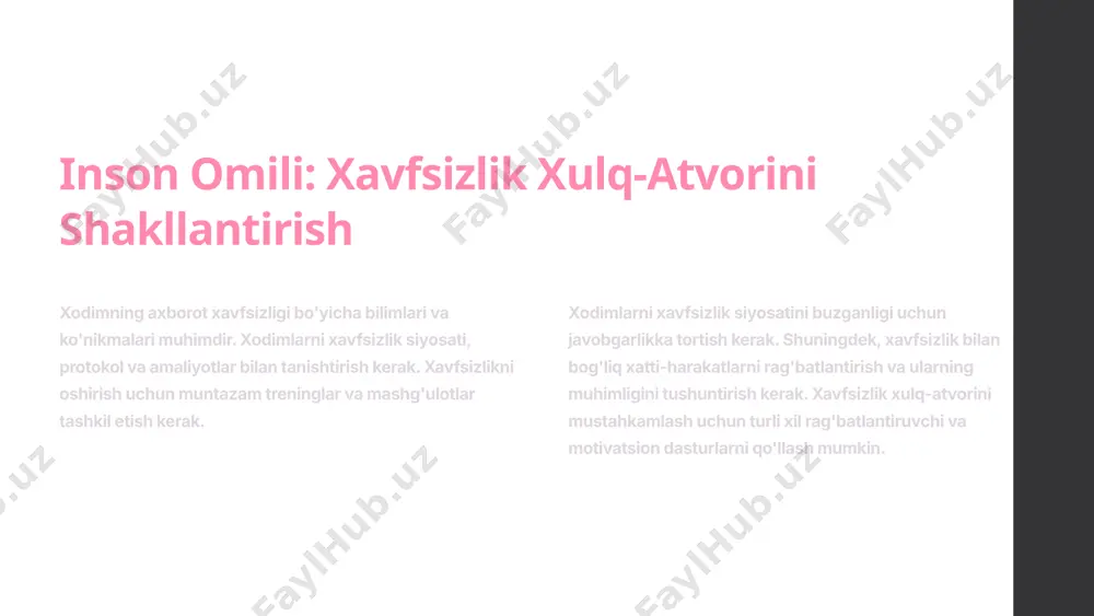 qolish uchun doimiy e'tibor talab qiladi. axborot xavfsizligi bo'yicha siyosatni joriy etish va uni amalga oshirish, shuningdek, xodimlarni xabardor qilish va xavfsizlik xulq-atvorini shakllantirish muhimdir. 11 image1.jpeg image2.png image3.png image4.png image5.png image6.png image7.png image8.png image9.png image10.png image11.png image12.png image13.png image14.png image15.png image16.png image17.png image18.png image19.png image20.jpeg image21.jpeg