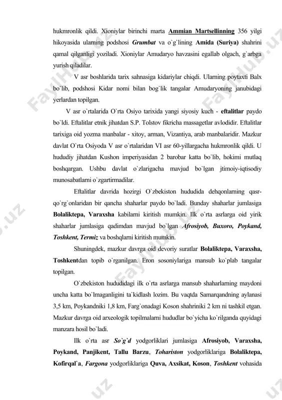 g maydoni uncha katta bo`lmaganligini ta`kidlash lozim. bu vaqtda samarqandning aylanasi 3,5 km, poykandniki 1,8 km, farg`onadagi koson shahriniki 2 km ni tashkil etgan. mazkur davrga oid arxeologik topilmalarni hududlar bo`yicha ko`rilganda quyidagi manzara hosil bo`ladi. ilk o`rta asr so`g`d yodgorliklari jumlasiga afrosiyob, varaxsha, poykand, panjikent, tallu barzu, tohariston yodgorliklariga bolaliktepa, kofirqal`a, fargona yodgorliklariga quva, axsikat, koson, toshkent vohasida binkat, yunusobod, mingo`rik, xorazm hududida fir qal`asi, baraktom, kuyukqal`a, teshikqal`a va boshqalar mavjud bo`lgan. mazkur davrda aholining o`rtoqlashuvi natijasida sun`iy sug`orish inshootlari quriladi. bular jumlasiga bo`zsuv, zog`ariq, darg`om kanallarini kiritish mumkin. 1948 yilda arxeolog a.terenojkin afrosiyobning ilk o`rta asrlarga oid qatlamlarini tekshiradi. 1958 yildan buyon afrosiyobni o`rganilish davom etmoqda va hozirgacha turli davrlarga oid bir qancha boshqa yodgorliklar ham o`rganildi. vі asrga mansub tallu barzu yodgorligidagi qazuv ishlari jarayonida vііі asrga oid sopol idishlar majmui, sosoniylar tangalari, quyi qatlamidan esa antik va kushon davriga oid temirchilik charxi, sopol idishlar, haykalcha topildi. …