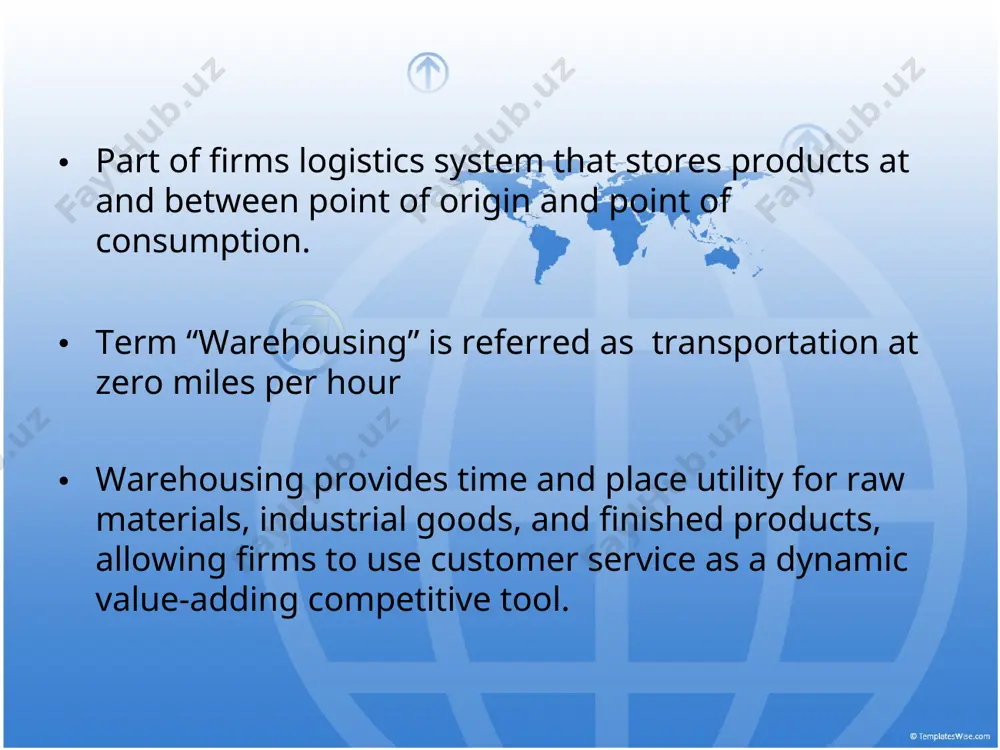 ling equipment operating costs cost of labor measure of labor productivity is the number of units that an operator can move in a day costs of operating a warehouse warehouse activities receive goods identify the goods dispatch goods to storage hold goods pick goods marshal shipment dispatch shipment operate an information system accepts goods from outside transportation or attached factory & accepts responsibility check the goods against an order & the bill of loading check the quantities check for damage & fill out damage reports if necessary inspect goods if required receive goods items are identified with the appropriate stock-keeping unit (sku) number (part number) & the quantity received recorded identify the goods dispatch goods to storage goods are sorted & put away hold goods goods are kept in storage & under proper protection until needed pick goods items required from stock must be selected from storage & brought to …