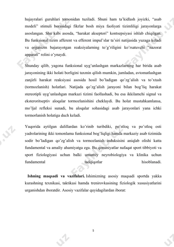ahamiyatga ega. bu qonuniyatlar nafaqat sport tibbiyoti va sport fiziologiyasi uchun balki umumiy neyrobiologiya va klinika uchun fundamental tadqiqotlar hisoblanadi. ishning maqsadi va vazifalari. ishimizning asosiy maqsadi sportda yakka kurashning texnikasi, taktikasi hamda trenirovkasining fiziologik xususiyatlarini urganishdan iboratdir. asosiy vazifalar quyidagilardan iborat: i-bob. kurashchilarning kuch sifati va uni takomillashtirish 1.1. kurash bo’yicha musobaqalar o’tkazishning turli tizimlari va qoidalari o’zgarishining tanqidiy tahlili. sport musobaqalari sportchilarning xususiy musobaqa aoliyati bilan belgilanib, uning tizimli omili sport natijasi hisoblanadi. musobaqa natijalarini belgilash usullariga ko’ra sport turlarining bir necha guruhlarga bo’linishini hisobga olib barcha turdagi sport kurashida ikki asosiy variant asosida g’alabaga erishish mumkin. kurashda g’olibni aniqlashning yanada aniq variantlari ham mavjud. kurashchi raqibini yiqitganda, 10 va undan ortiq ball bilan texnik ustunlikka erishganda, raqibning jarohati, ketmaganligi va chetlashtirilishi natijasida “halol” g’alabaga erishgan hisoblanadi .kurashchilarning musobaqa janglarida yuqorida sanab o’tilgan g’alabaga erishishi usullariga asosan musobaqa faoliyati strategiyasi ishlab chiqiladi, u esa hozirgi vaqtda tayyorgarlikning umumiy …