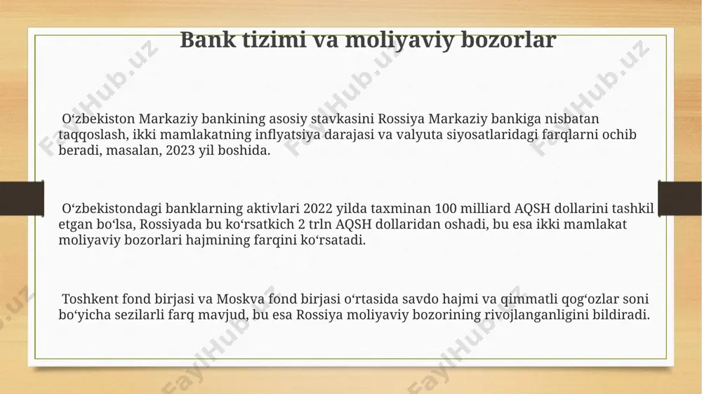 bu rossiyaning iqtisodiy hajmining ancha yuqori ekanligini bildiradi. toshkent va moskva oʻrtasidagi iqtisodiy munosabatlarni hisobga olgan holda, oʻzbekistonning yaim oʻsishi rossiyaning iqtisodiy holatiga ham ta'sir koʻrsatishi mumkin, ammo bu ta'sir darajasi cheklangan. energetika sektori taqqoslashi rossiyaning gidroenergetika salohiyati oʻzbekistonga nisbatan ancha yuqori, sibir daryolari va volga kabi yirik suv havzalari tufayli 200 gw dan ortiq quvvatga ega. oʻzbekiston quyosh va shamol energiyasi kabi qayta tiklanuvchi energiya manbalaridan foydalanish boʻyicha rossiyaga nisbatan tezroq rivojlanmoqda, 2030-yilga kelib 5 gw gacha quvvatga erishishni rejalashtirmoqda. oʻzbekiston gaz eksporti rossiyaga qaraganda ancha kam, taxminan 2022-yilda 10 milliard kub metr atrofida boʻlgan boʻlsa, rossiya esa yevropaga yuzlab milliard kub metr gaz yetkazib bergan. ijtimoiy himoya va kambagʻallik darajasi oʻzbekiston aholisining katta qismi qishloq joylarda yashaydi va ularning ijtimoiy himoyalanish darajasi shahar aholisiga nisbatan pastroq, bu esa qashshoqlikning yuqori darajasiga olib keladi. oʻzbekistonda qashshoqlik darajasi 2022 yilda taxminan 15% ni tashkil etgan boʻlsa, rossiyada bu koʻrsatkich 12% …