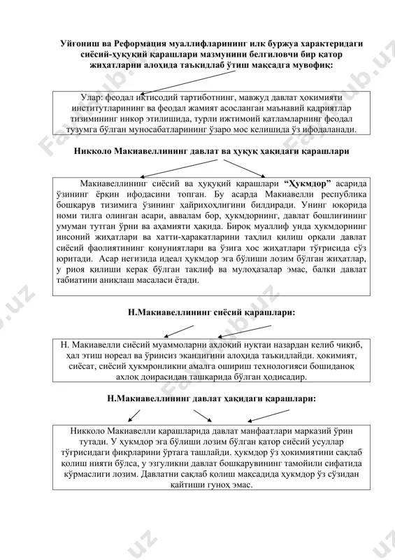 ўртага ташлайди. ҳукмдор ўз ҳокимиятини сақлаб қолиш нияти бўлса, у эзгуликни давлат бошқарувининг тамойили сифатида кўрмаслиги лозим. давлатни сақлаб қолиш мақсадида ҳукмдор ўз сўзидан қайтиши гуноҳ эмас. макиавелли таъбирича, давлат ҳокимияти самарали амалга оширилиши учун фуқаро ҳукмдорга тўлиғича бўйсуниши лозим. бўйсунишга эришишнинг икки усули мавжуд: бири — ҳукмдорга муҳаббат уйғотиш; иккинчиси — ундан қўрқиш ҳиссини авж олдириш. инсонлар ўз табиатларига кўра яхшиликни билмайдиган, икиюзламачи, беқарор ва ёлғонга мойилдирлар. ҳукмдор уларни ўз иродасига бўйсундириш учун энг шафқатсиз чораларни ҳам қўллаши мумкин. у жавобгарликдан қўрқмаслиги керак, чунки ҳукмдор суд юрисдикциясидан ташқаридадир. фуқароларга нисбатан шафқатсизликни нафақат уруш пайтида, балки тинчлик вақтида ҳам амалга ошириш мумкин. “ҳукмдор” асарида муаллиф, давлатнинг буюклиги, мустақиллиги, қудрати идеал ҳолат бўлиб, сиёсатчилар унга эришишда ўз хатти-ҳаракатларининг ахлоқий жиҳатлари ва фуқаролар эркинлиги борасида қайғурмай, тегишли воситалардан фойдаланишлари лозим, деган ғояни илгари суради. макиавеллининг фикрича, энг муҳими, қандай воситалардан фойдаланишдан қатъи назар, давлат ҳокимиятини ушлаб қолишдир. бунинг учун давлат ҳокимияти мустаҳкам …
