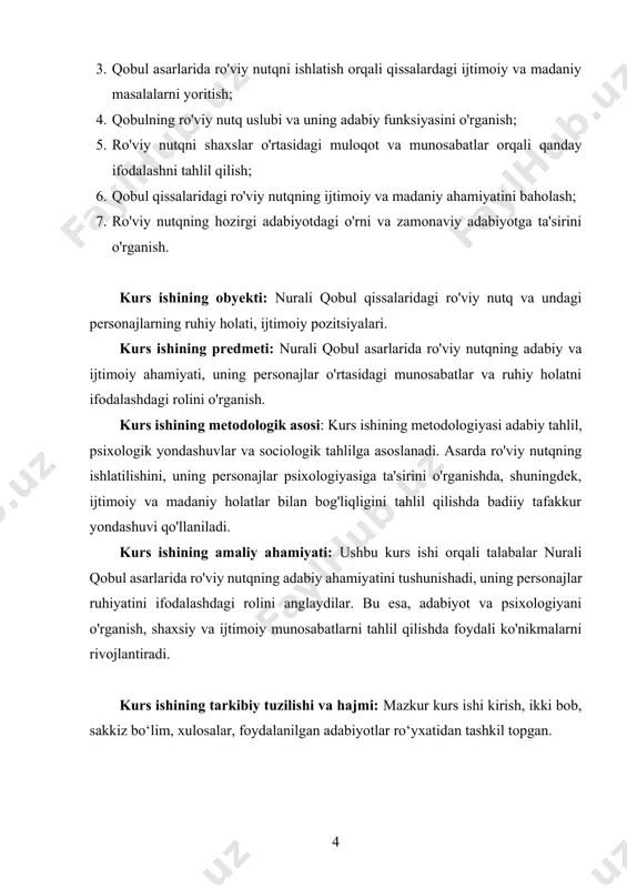 oniyatiga ega bo‘ladi. ro‘viy nutq shuningdek, personajlar o‘rtasidagi muloqot va munosabatlarni yanada chuqurlashtiradi. asarlarning psixologik jihatlarini yoritishda ro‘viy nutq juda katta ahamiyatga ega. nurali qobulning asarlarida ro‘viy nutqning ishlatilishi o‘ziga xos tarzda rivojlanadi. u ro‘viy nutqni o‘zining shaxsiy yondashuviga moslashtirgan va personajlarning ruhiy kechinmalarini ular bilan birga ko‘rsatishga muvaffaq bo‘lgan. uning asarlarida personajlar ruhiyatining tahlil qilinishi, jamiyatdagi ijtimoiy va madaniy o‘zgarishlar bilan bog‘liq bo‘lgan savollarni ko‘taradi. ro‘viy nutq orqali jamiyatda yuz berayotgan o‘zgarishlar, yangi qadriyatlar va normativlar, shuningdek, bu o‘zgarishlarga qarshi kurashayotgan ijtimoiy guruhlar va individlar ko‘rsatiladi. qobulning asarlarida ro‘viy nutqning badiiy jihatlari bilan birga, uning ijtimoiy ahamiyati ham alohida ta'kidlanadi. bu ro‘viy nutq orqali o‘quvchiga jamiyatdagi ijtimoiy qatlamlar o‘rtasidagi qarama-qarshiliklar, an'anaviy qadriyatlar va zamonaviy hayotning o‘zaro bog‘liqligi ochib beriladi. qobul asarlarida ro‘viy nutq shaxslar o‘rtasidagi ichki ziddiyatlarni va o‘zaro munosabatlarni aks ettirishda ham samarali vosita sifatida ishlatilgan. uning asarlarida personajlar o‘rtasidagi muloqotlar va hissiy bog‘lanishlar, ichki holatlarning ifodalanishi orqali, …
