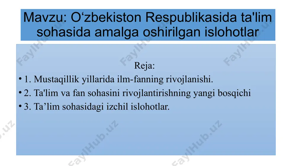 hug‘ullanuvchi respublika ilmiy ishlanmalarni innovatsiya tijorat markazi fanlar akademiyasi tarkibida tashkil etildi. o‘zbekistonning birinchi prezidentining 1997 yil 11 noyabrdagi farmoni bilan xorazm ma'mun akademiyasi qayta tiklanib, fanlar akademiyasining mintaqaviy bo‘linmasi sifatida tashkil etildi. 2000 yili fanlar akademiyasi sharqshunoslik institutining (hozirgi toshkent davlat sharqshunoslik instituti huzuridagi abu rayxon beruniy nomli sharq qo‘lyozmalari markazi) qo‘lyozmalar fondi dunyoning eng boy qo‘lyozmalar xazinasidan biri sifatida yunesko madaniy merosi ro‘yxatiga kiritildi. . o‘zbekiston respublikasi oliy kengashining 1992 yil 2 iyuldagi qaroriga asosan “ta'lim to‘g‘risida”gi o‘zbekiston respublikasining qonuni amalga kirdi. oliy majlisning 1997 yil 29 avgust kuni bo‘lib o‘tgan ix sessiyasida o‘zbekiston respublikasining “ta'lim to‘g‘risida”gi qonuni yangi tahrirda qabul qilindi. unga binoan ta'limning yangi tizimi joriy etildi. jumladan, uning 10-moddasiga muvofiq o‘zbekiston respublikasida ta'lim quyidagi turlarda amalga oshirilishi belgilab berildi: maktabgacha ta'lim, umumiy o‘rta ta'lim, o‘rta maxsus, kasb-hunar ta'limi, oliy ta'lim, oliy o‘quv yurtidan keyingi ta'lim, kadrlar malakasini oshirish va ularni qayta tayyorlash, maktabdan tashqari ta'lim. …