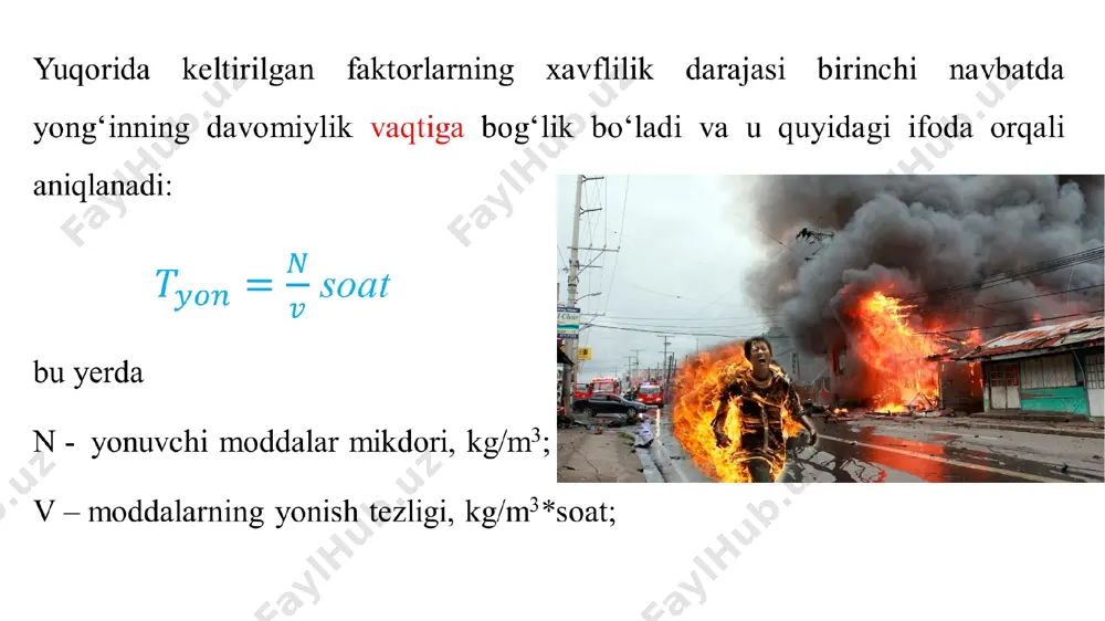 yyorlanadi; iv daraja yong‘inga chidamlilikdagi binolarga barcha konstruksiyalari qiyin yonuvchi materiallardan tashkil topgan binolar kiradi; v darajadagi binolarga esa barcha konstruksiyalari yonuvchi materiallardan tashkil topgan binolar kiradi. talab etilgan yong‘inga chidamlilik sinfi bino va inshootlarning konstruksiyasi, vazifasi, necha qavatliligi, texnologik jarayonlarni yong‘inga xavfliligi va yong‘inni avtomatik o‘chirish vositalarini mavjudligiga bog‘lik xolda belgilanadi. yogoch va boshka yonuvchi konstruksiyalarning yong‘inga chidamlilik darajasi bir necha yo‘llar orqali oshirilishi mumkin: jumladan, 1 m2 yuzadagi yogoch konstruksiyaga 75 kg quruq tuzning suvdagi aralashmasini avtoklovlarda singdirish yoki 1 m2 yogochga 50 kg quruq tuzni issiq- sovuq vannalarda singdirish orqali; yongindan ximoyalovchi tuzlarning suvdagi aralashmasi bilan (100 gr.quruq tuz 1 m2 yuzaga) materiallarga yuza ishlov berish; yong‘indan ximoyalovchi buyoklar, suyuq shisha, tuproqli aralashma va boshka shu kabilar bilan yuza ishlov berish; tuproq gips bilan suvash, gips tolali plitalar o‘rnatish, asbestosement materiallar qollash. koridorlar, yulaklar, zinalar va ii xamda iv yong‘inga chidamlilik darajasida yordamchi binolar sirtiga yong‘indan ximoyalovchi …