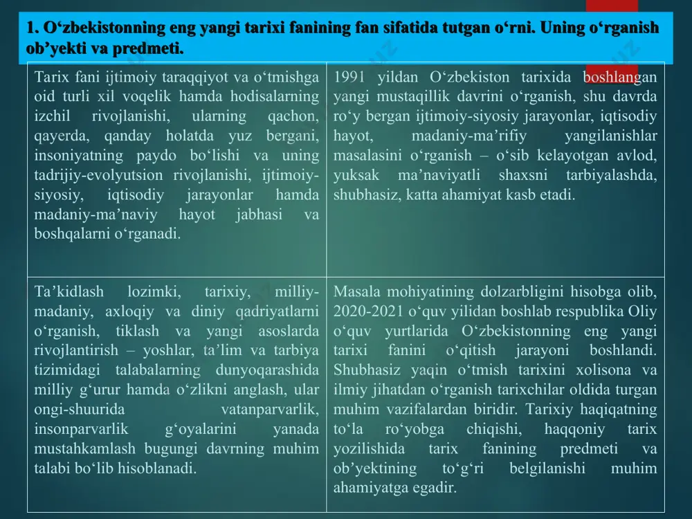 eng yangi tarixi fanining metodologik, ilmiy-nazariy asoslari, usullari va tamoyillari. har qanday fanning metodologiyasi deganda metod (usul)lar majmui tushuniladi. o‘zbekistonning eng yangi tarixi fanini o‘qitish metodologiyasi deganda bu yo‘nalishdagi ilmiy bilimlarning tuzilishi va rivojlanishi, ularning natijalarini asoslash yo‘llarini amaliyotga tadbiq etilishi, mazkur fanga xos bo‘lgan ilmiy bilimlar mexanizmining samarali usullari tushuniladi. аvvalo, metodologiya haqida to‘xtalsak, metodologiyaning lug‘aviy maʼnosi grekcha “metodos” va “logos” degan ikki so‘z birikmasidan iborat bo‘lib, metod, yaʼni usul – tadqiqot olib borish usuli (yo‘li), nazariya, taʼlimot, logiya esa fan deganidir. demakki, metodologiya, yaʼni uslubiy ilmiy tadqiqot ishini olib borish yoki biror bir masalani ilmiy o‘rganishning eng qulay usullari, eng to‘g‘ri va mukammal g‘oyasi, nazariyasi va taʼlimotlari majmuidan iborat bir butun fandir. boshqa maʼnoda esa metodologiya ilmiy bilish yoki maʼlum bir ilmiy faoliyatni tashkil etish va amalga oshirishda qo‘llaniladigan usullar haqidagi fandir. demak, tarix fani metodologiyasi tarixni o‘rganuvchi va o‘qituvchilarni aniq maqsad sari to‘g‘ri yetaklaydi, yaʼni tarix haqqoniy …